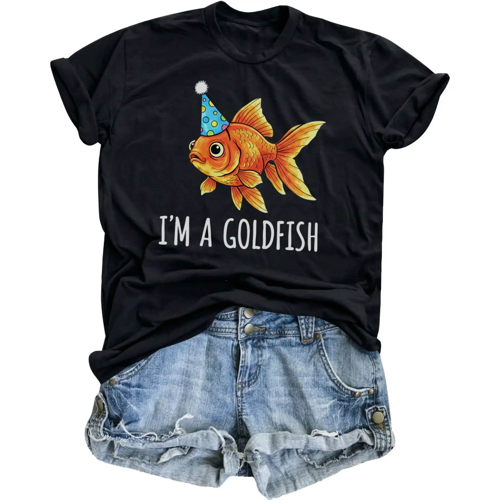 Funny Goldfish T-Shirt Casual Unisex Graphic Tee Cute Party Fish Apparel Short Sleeve Crew Neck Top for Adults