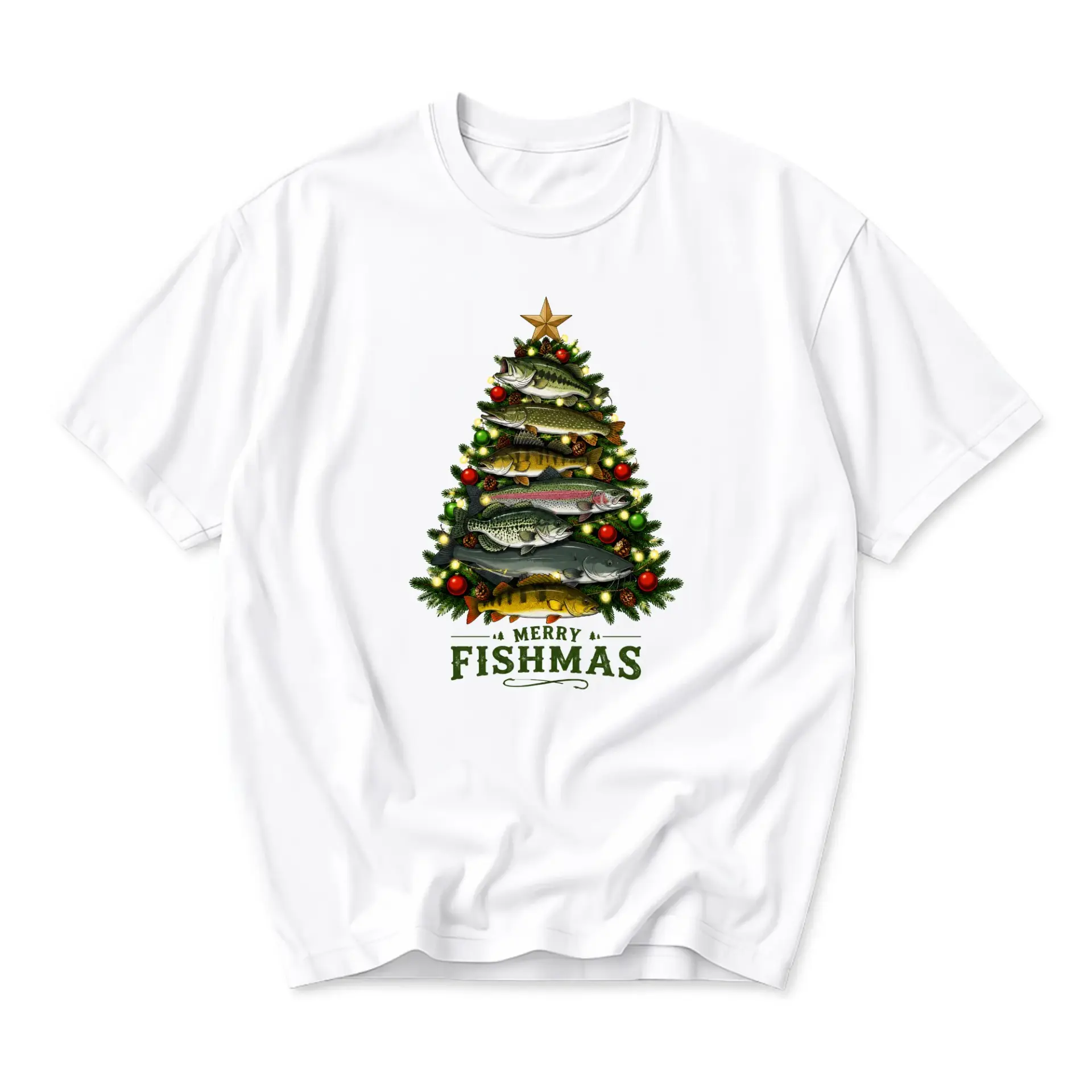 Funny Shirt Merry Fishmas Christmas Tree Graphic Tee Unisex Cotton Blend
