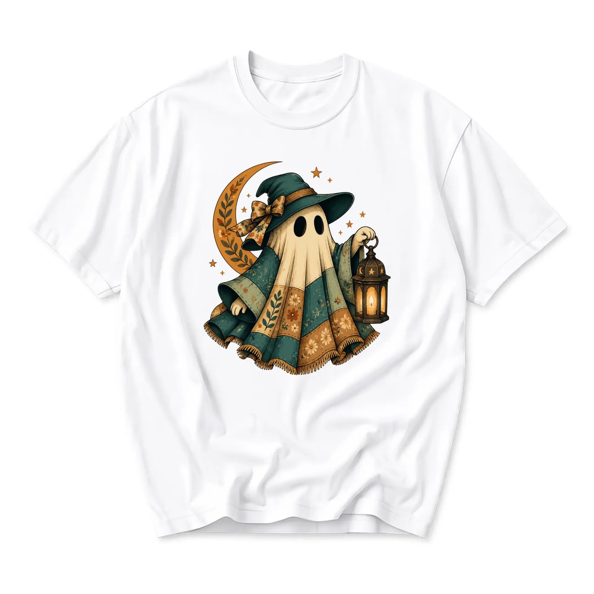 Graphic Tee Unisex Crew Neck T-Shirt Featuring a Whimsical Ghost with a Lantern and Moon for Casual Everyday Apparel