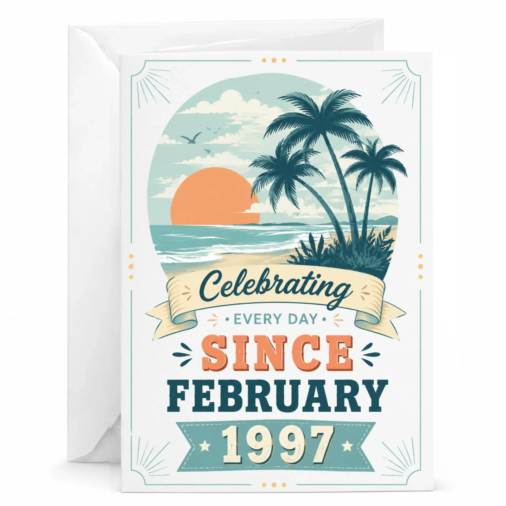 Birthday Card Celebrating Every Day Since February 1997 Tropical Sunset Beach Greeting Card with White Envelope
