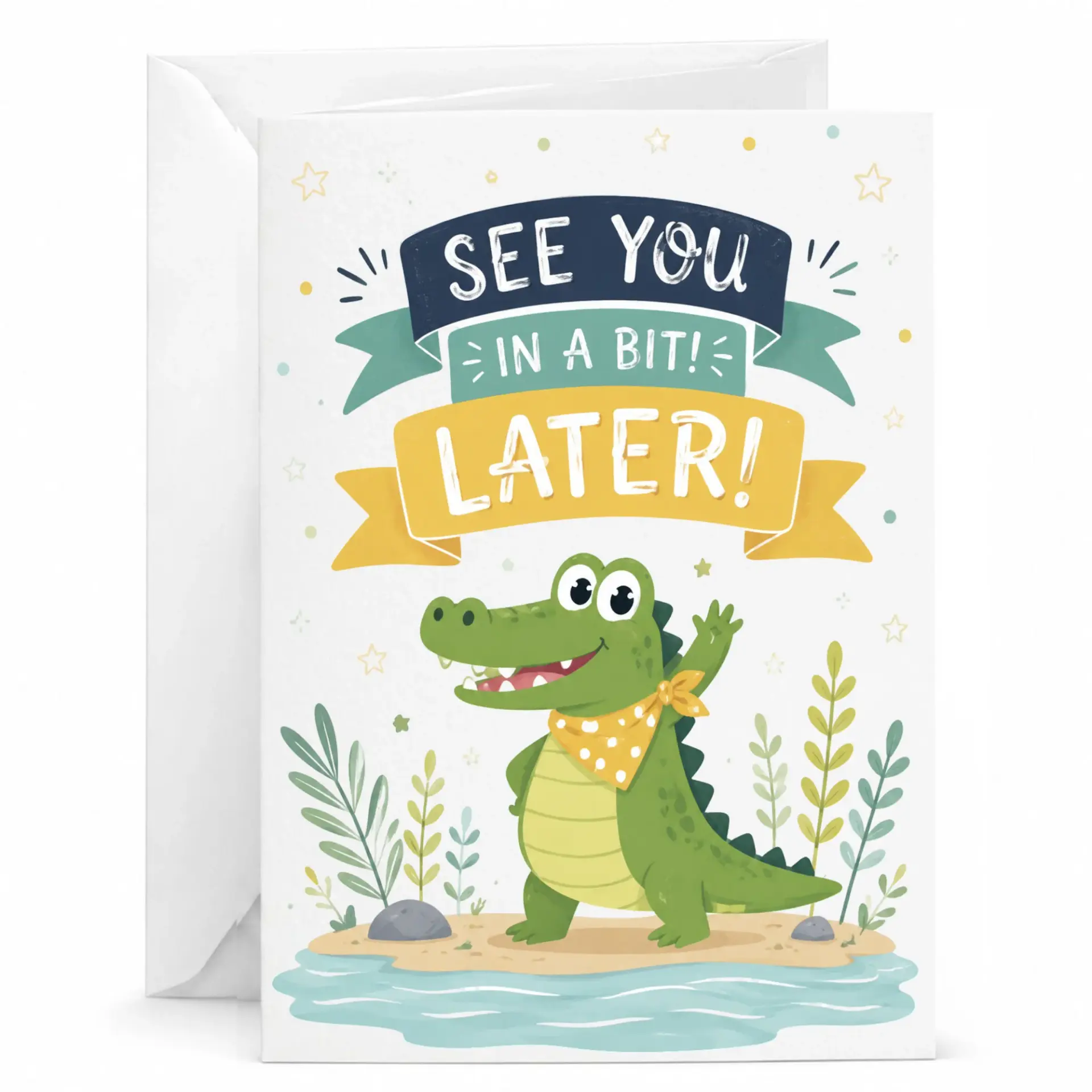 Funny Greeting Card Featuring a Cheerful Cartoon Alligator Waving and the Playful Phrase See You in a Bit Later