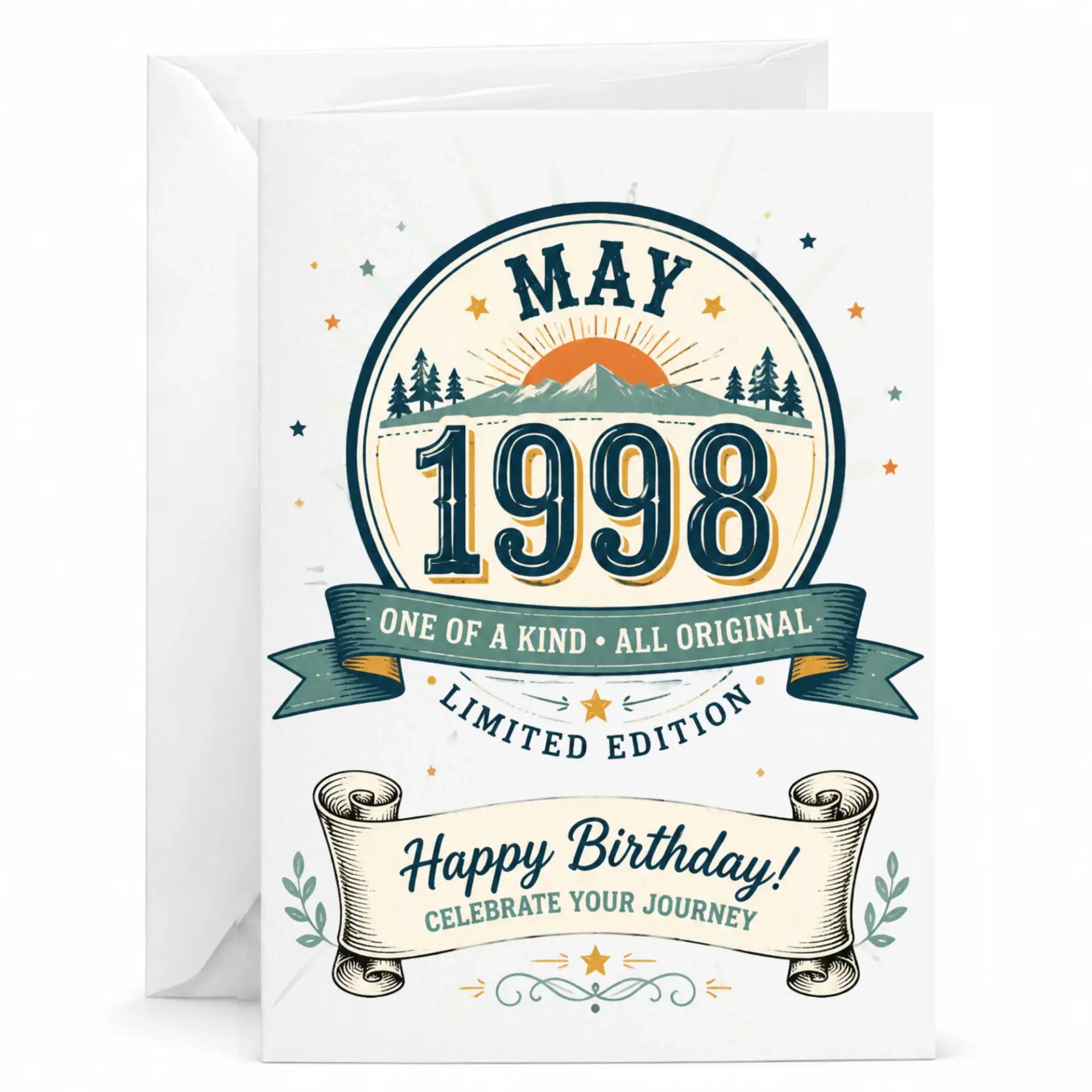 Birthday Card for May 1998 Vintage Style Greeting Card for 26th Birthday Milestone Celebration with White Envelope