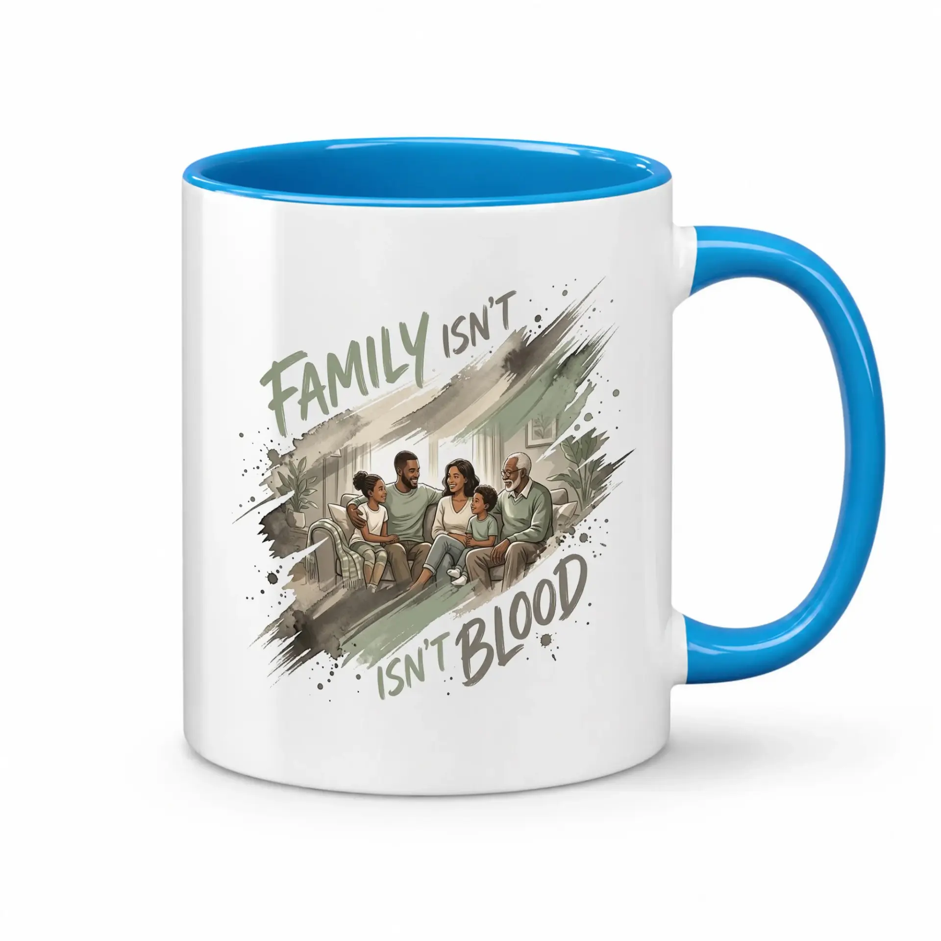 Inspirational Family Sentiment Coffee Mug with Blue Handle and Rim Ceramic Drinkware for Home or Office Desktop Use