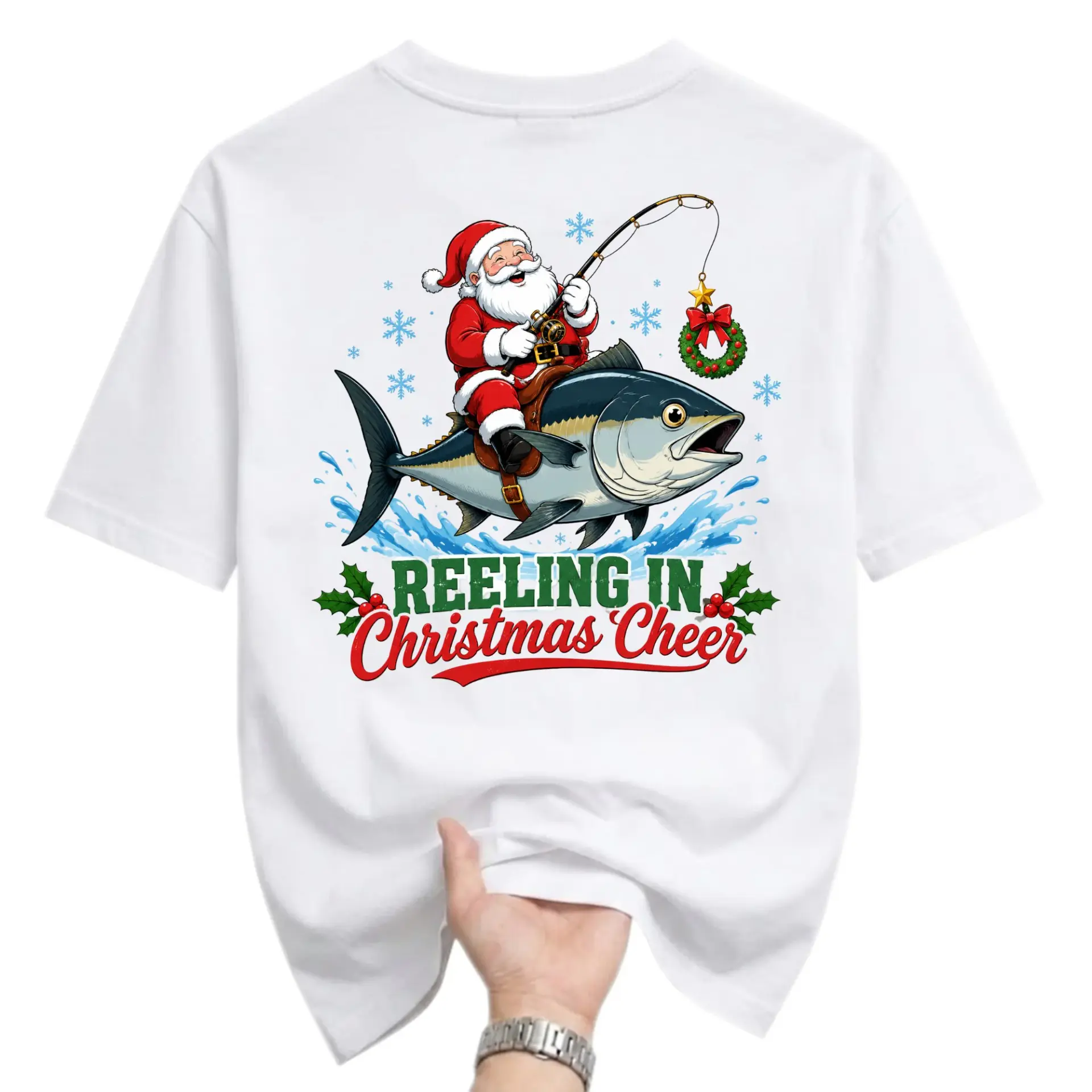Funny Shirt Reeling in Christmas Cheer Graphic Tee Santa Claus Fishing Unisex Casual Cotton Crew Neck Short Sleeve