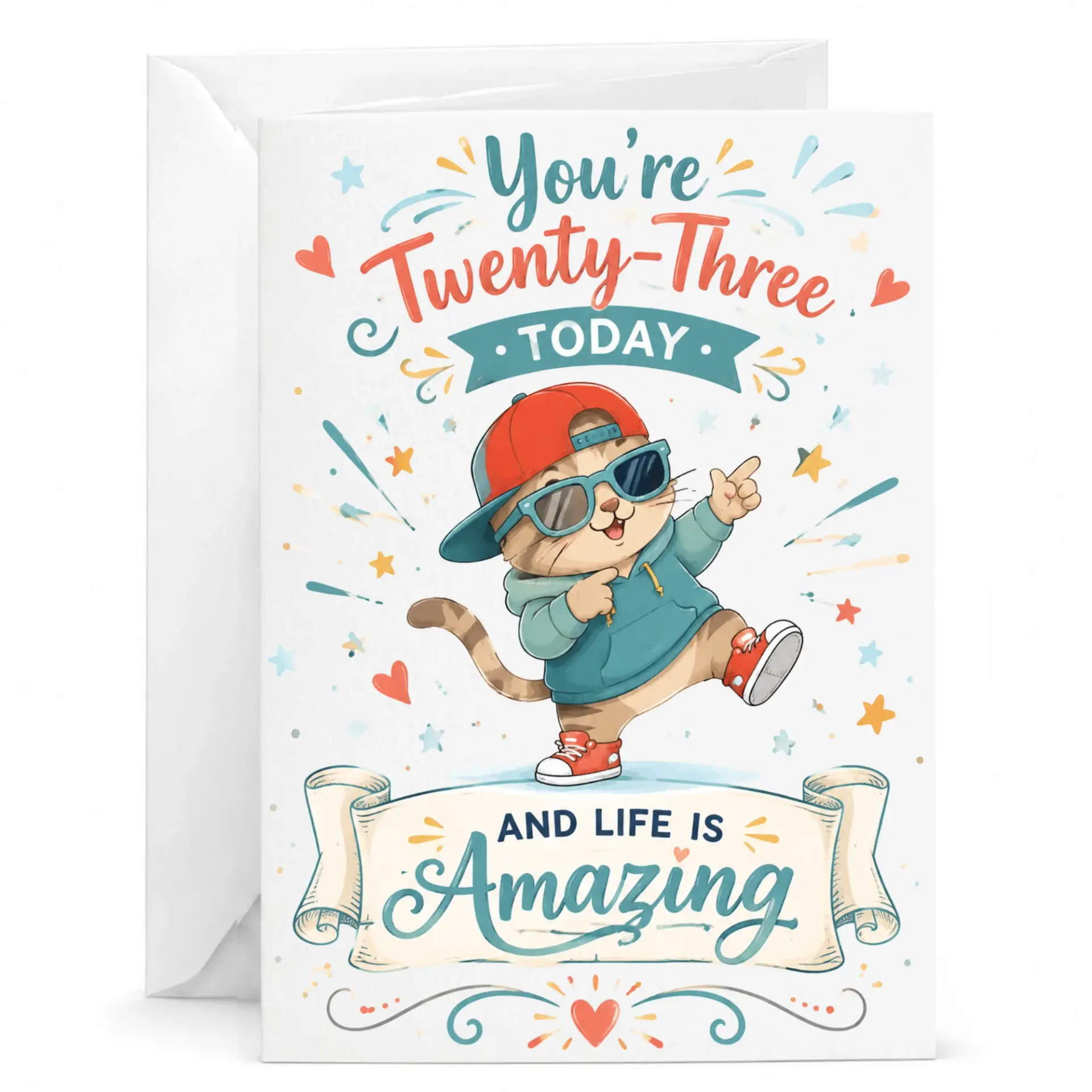 Birthday Card for Twenty-Third Birthday, Funny Cat Wearing Sunglasses and Baseball Cap Greeting Card with White Envelope