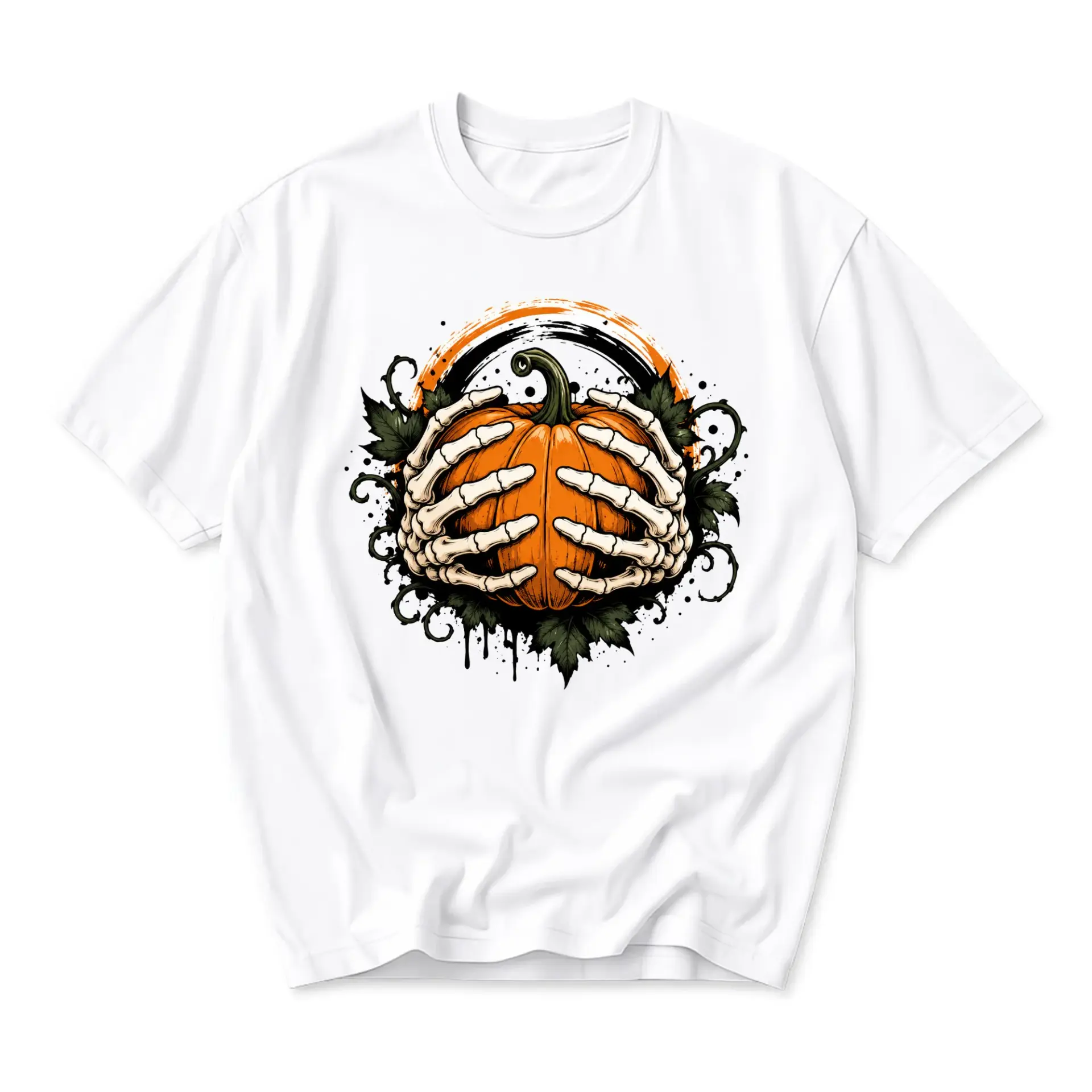 Graphic Tee Unisex Crew Neck T-Shirt Featuring Skeleton Hands Holding a Pumpkin Autumn Seasonal Halloween Art Print