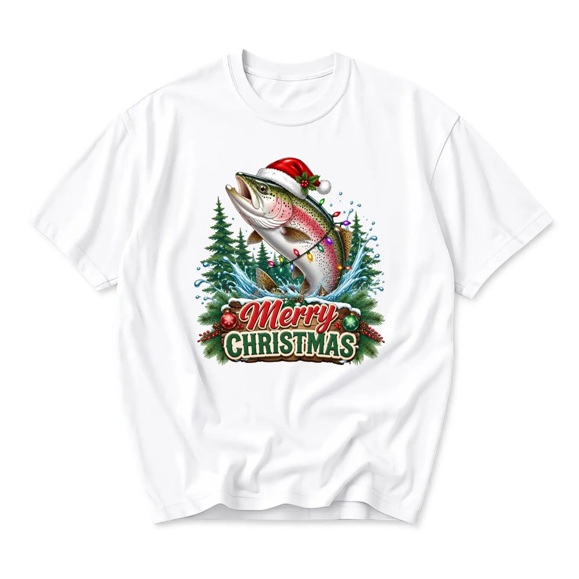 Graphic Tee Merry Christmas Fishing Trout Holiday Shirt Unisex Short Sleeve Crew Neck Seasonal Apparel White