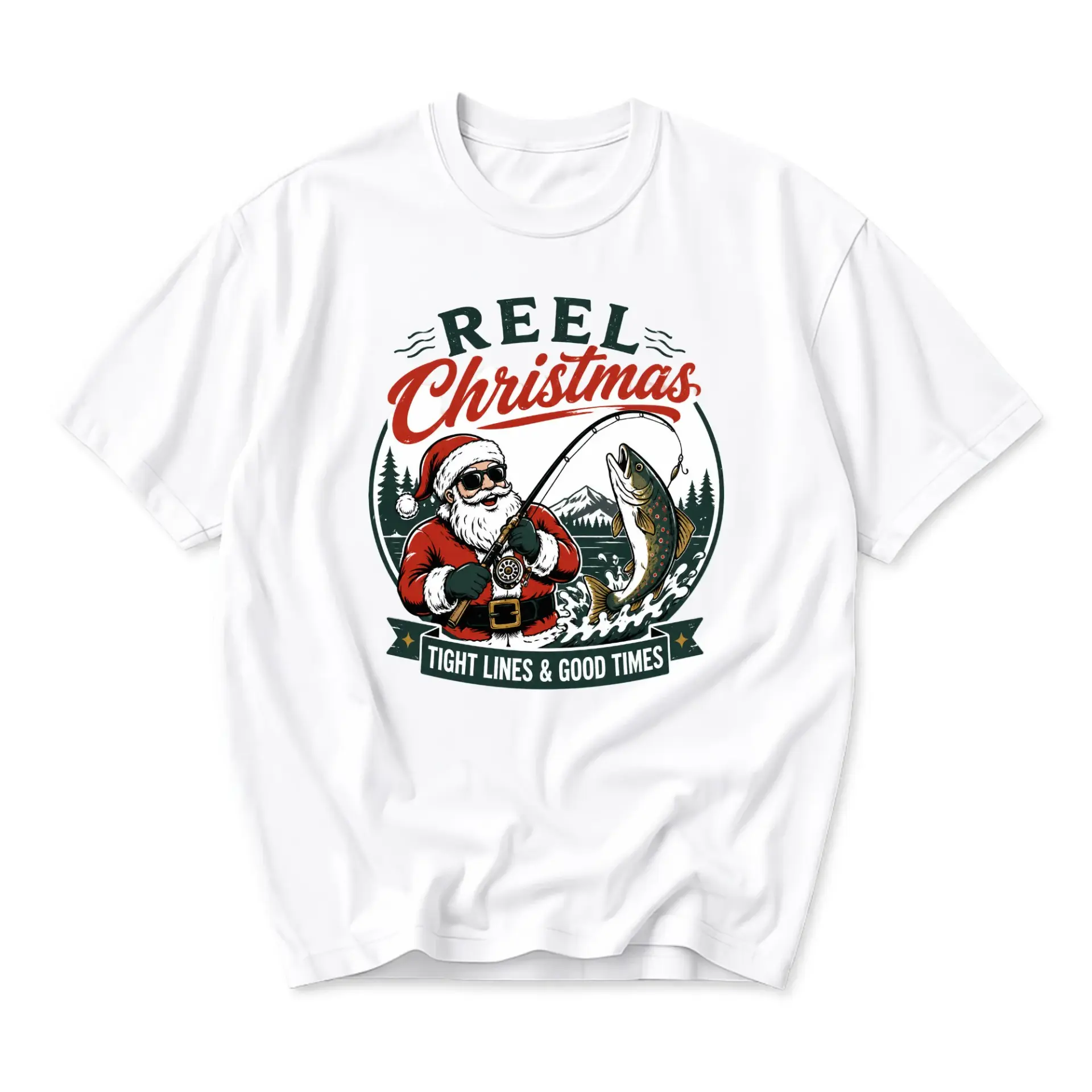 Funny Shirt Reel Christmas Fishing Santa Graphic Tee Unisex Crew Neck Short