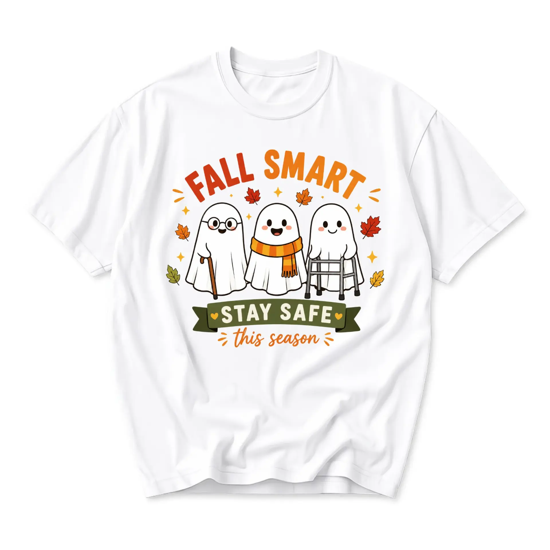 Funny Shirt Fall Smart Stay Safe Graphic Tee Autumn Ghost Unisex Crew Neck Casual Cotton Blend Soft Top Apparel