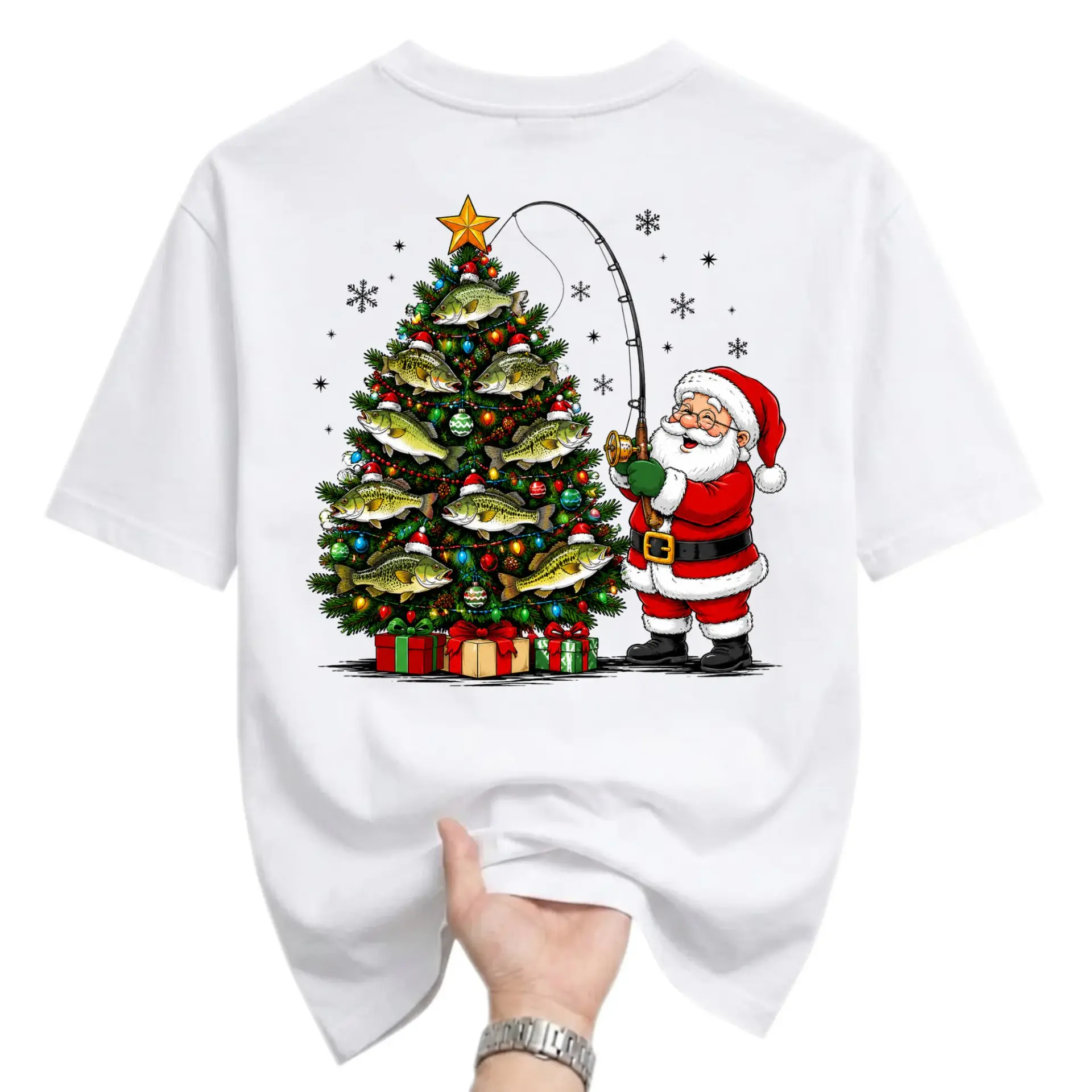 Graphic Tee Santa Fishing Christmas Tree Funny Holiday Unisex T-Shirt Seasonal Festive Everyday Casual Apparel