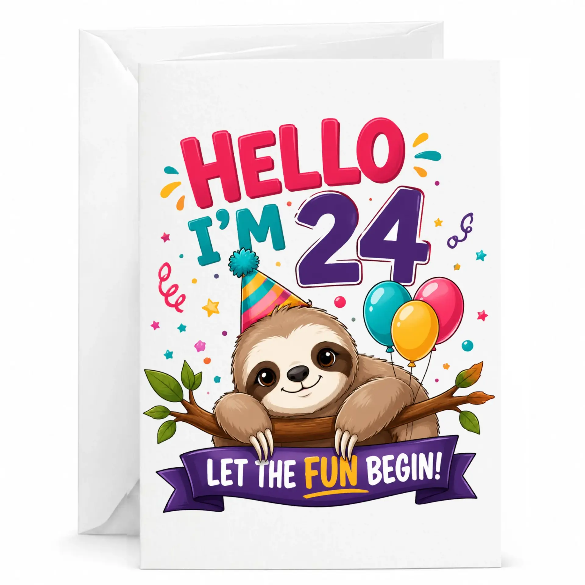 Birthday Card Funny Sloth 24th Birthday Greeting Card Cute Animal Party Theme Heavyweight Stationery for Milestone Day