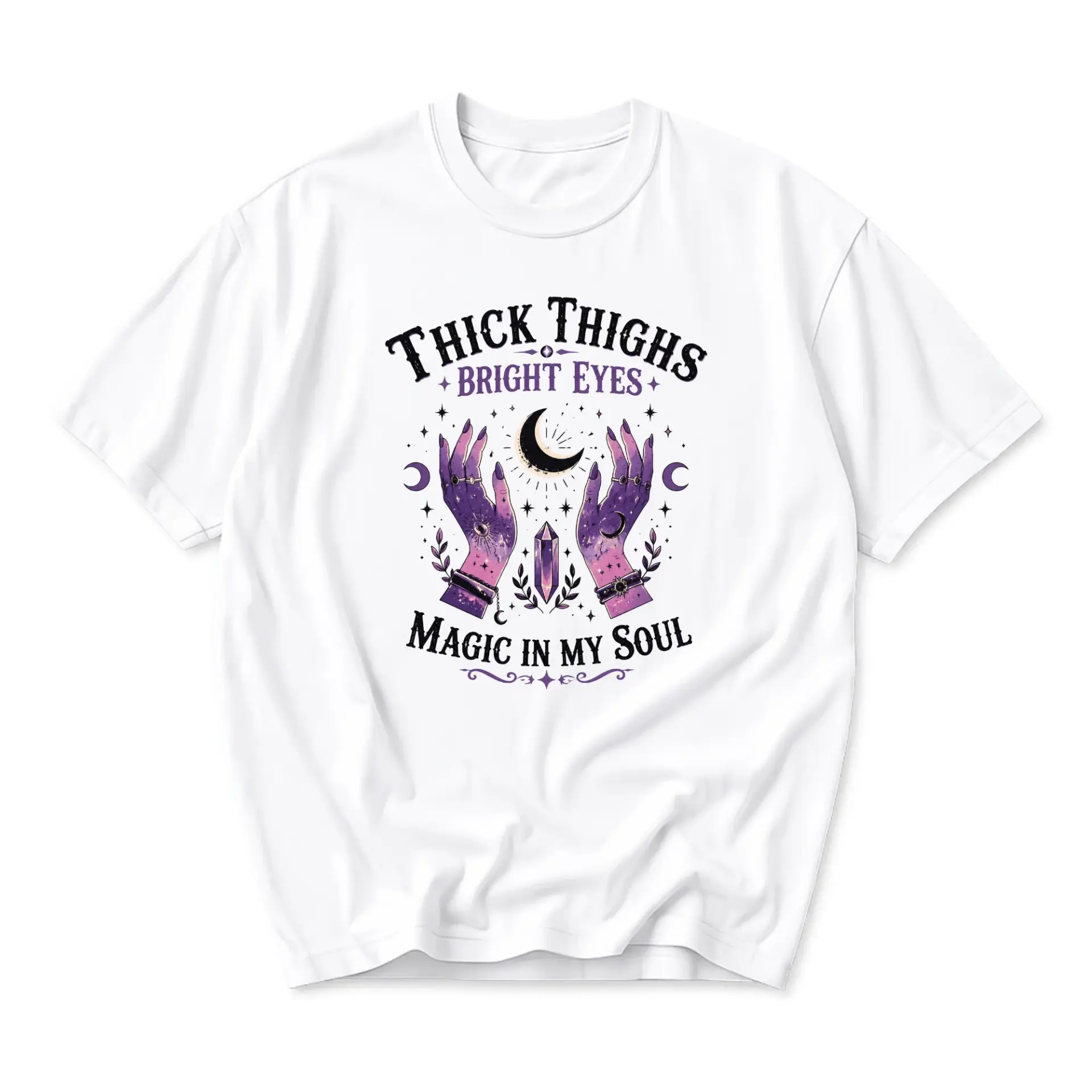 Funny Shirt Thick Thighs Bright Eyes Magic in My Soul Graphic Tee Celestial Moon Crystal Witchy Aesthetic Cotton Top