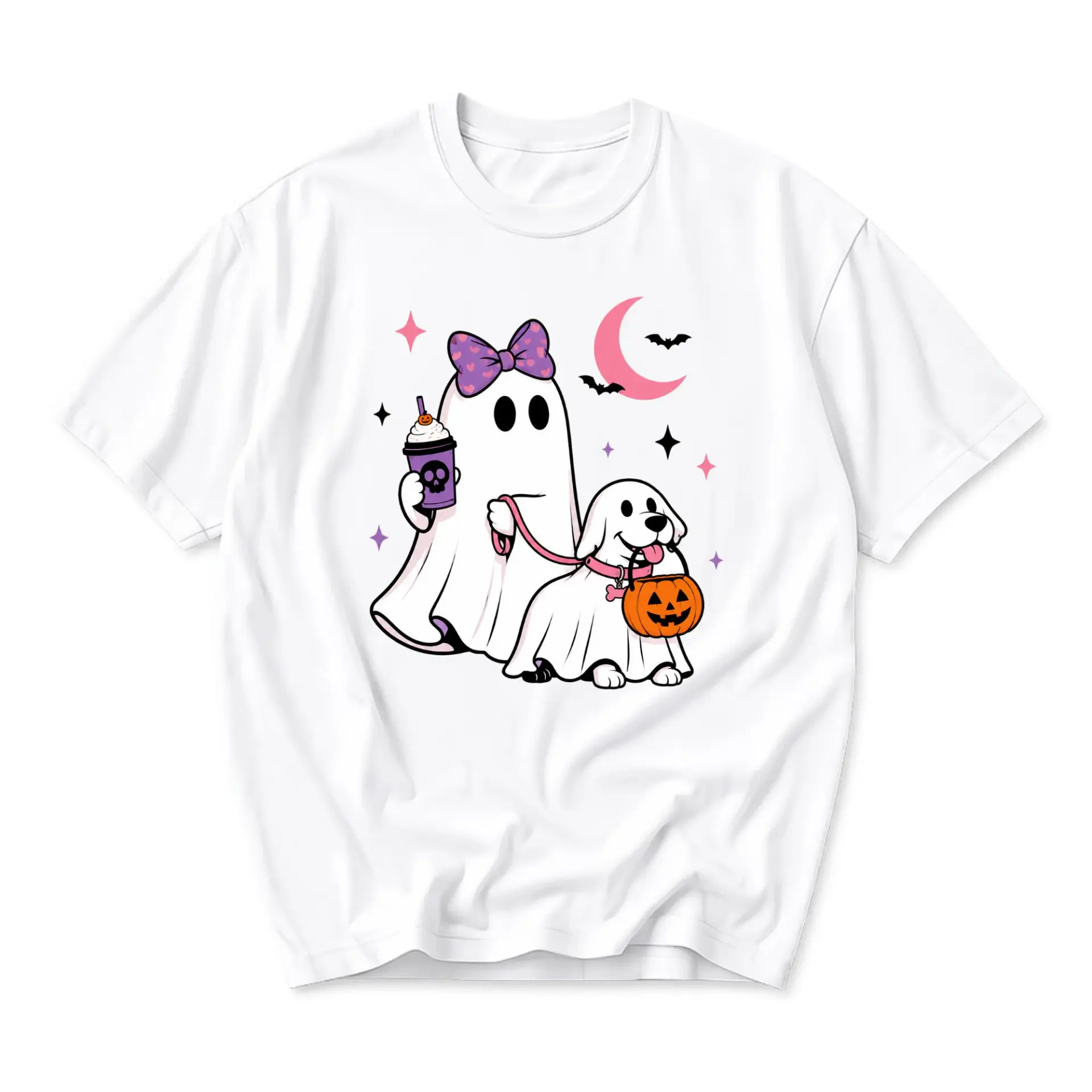 Graphic Tee Unisex Ghost with Dog Costume Design Casual Everyday Cotton Blend Crew Neck Short Sleeve Shirt