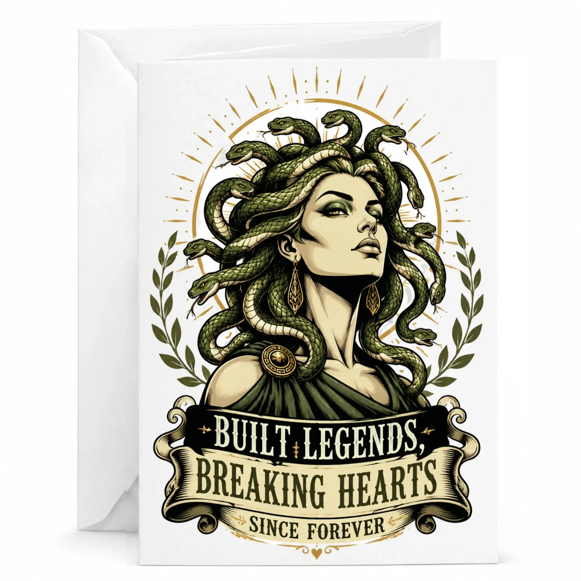Greeting Card Featuring Mythological Gorgon Illustration with Breaking Hearts Quote for Any Occasion