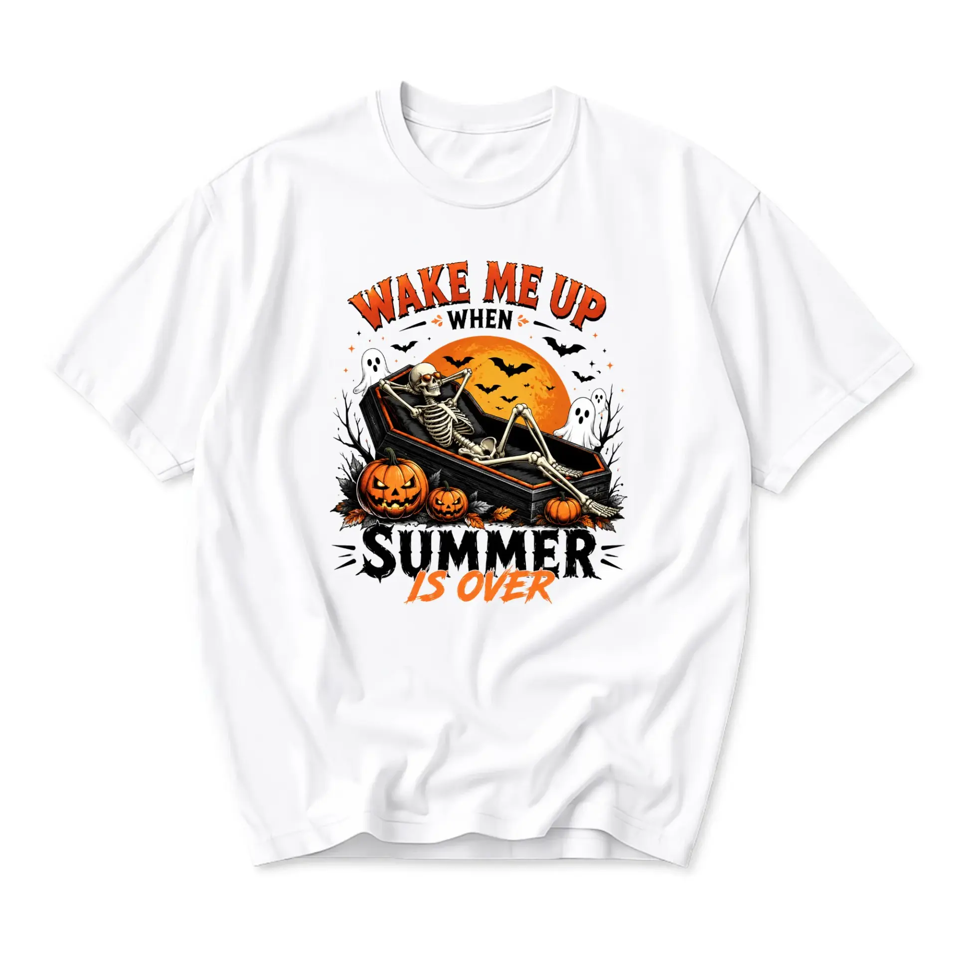 Funny Shirt Skeleton in Coffin Wake Me up When Summer Is over Graphic Tee Seasonal Unisex Casual Cotton Apparel