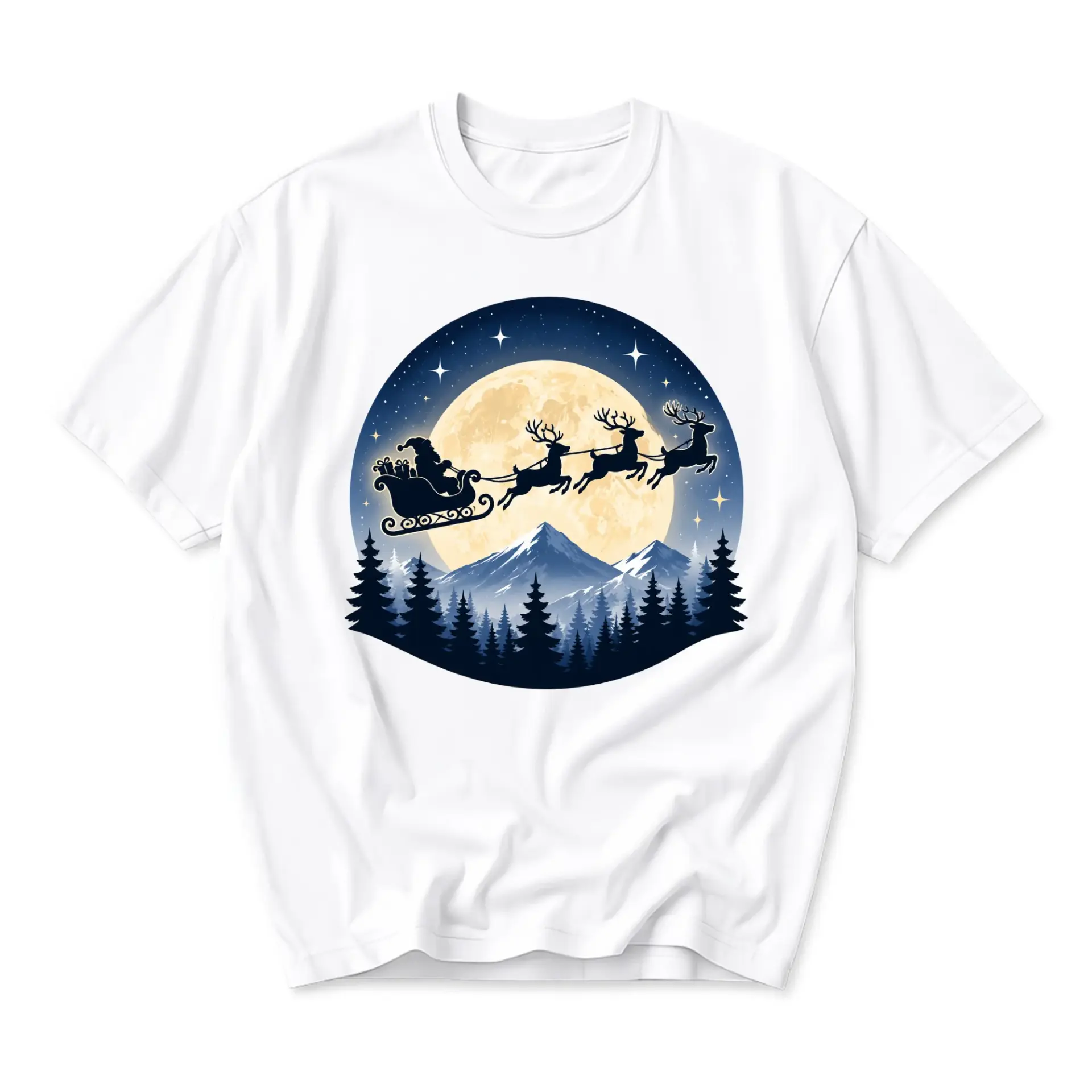 Graphic Tee Santa Claus Sleigh Flying Past Moon Mountain Pine Forest Winter Holiday Unisex Cotton Crew Neck T-Shirt