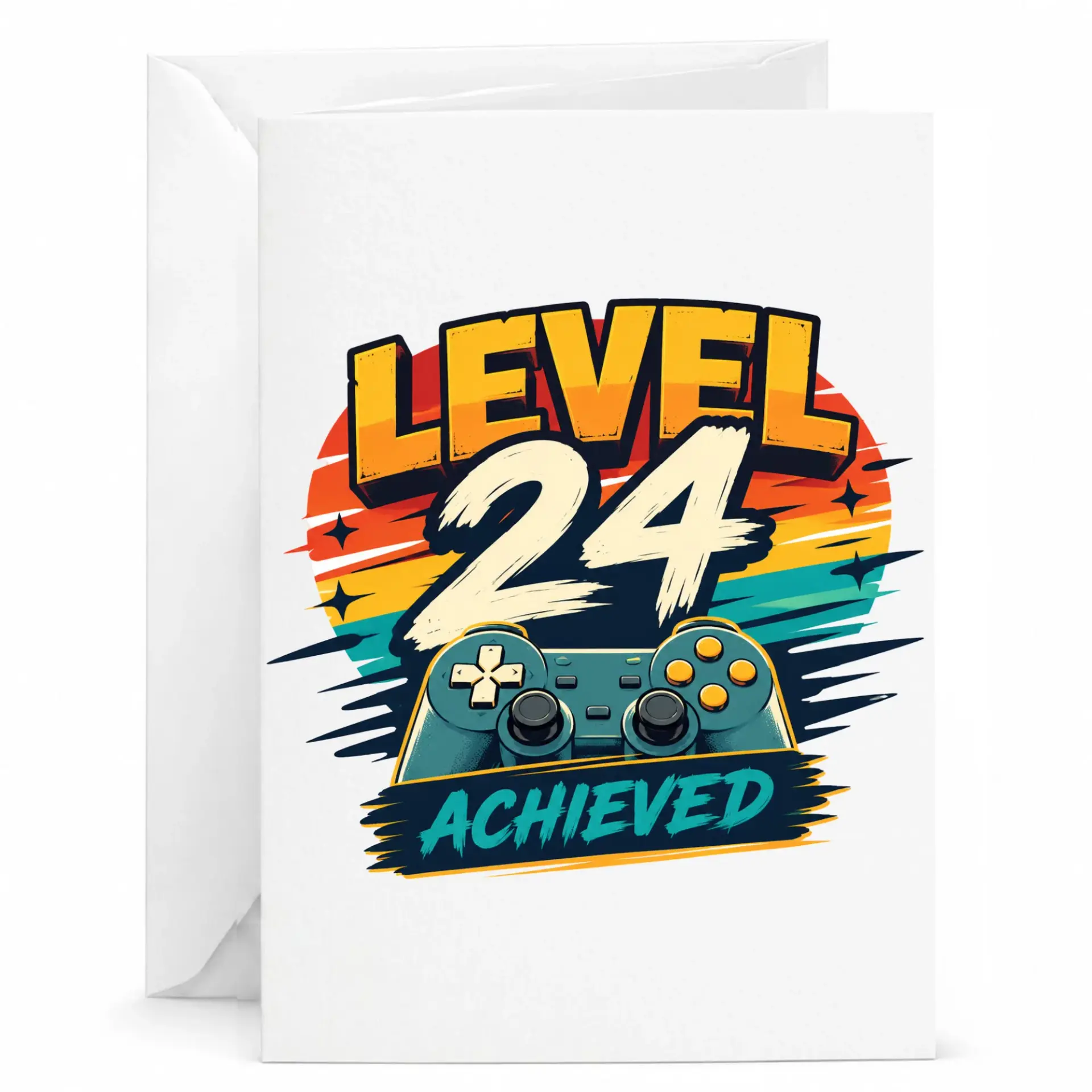 Greeting Card Level 24 Achieved Vintage Video Game Theme Birthday Card for Milestone Celebration 5x7 Folded Note