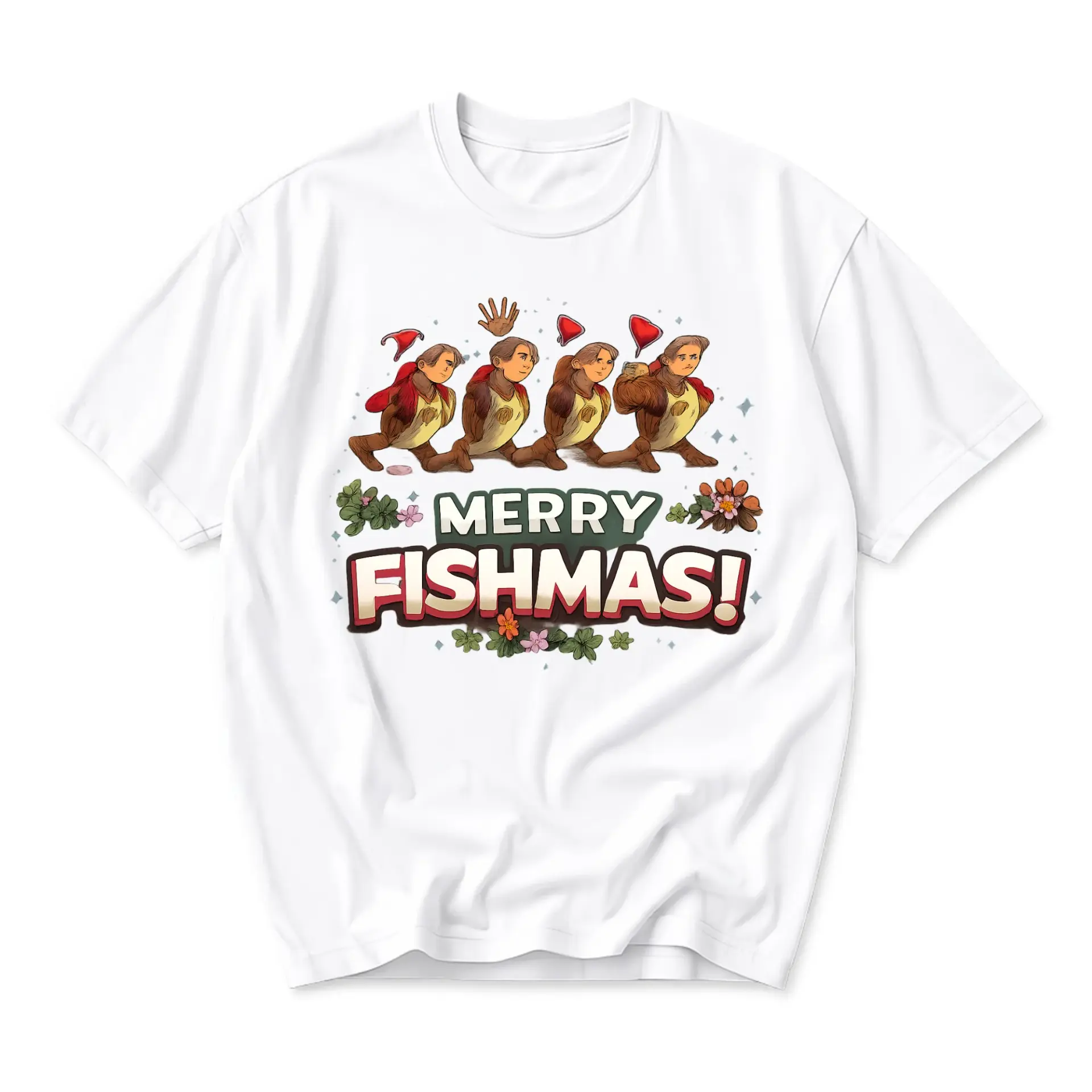 Funny Shirt Merry Fishmas Graphic Tee Unisex Crew Neck Short Sleeve Casual