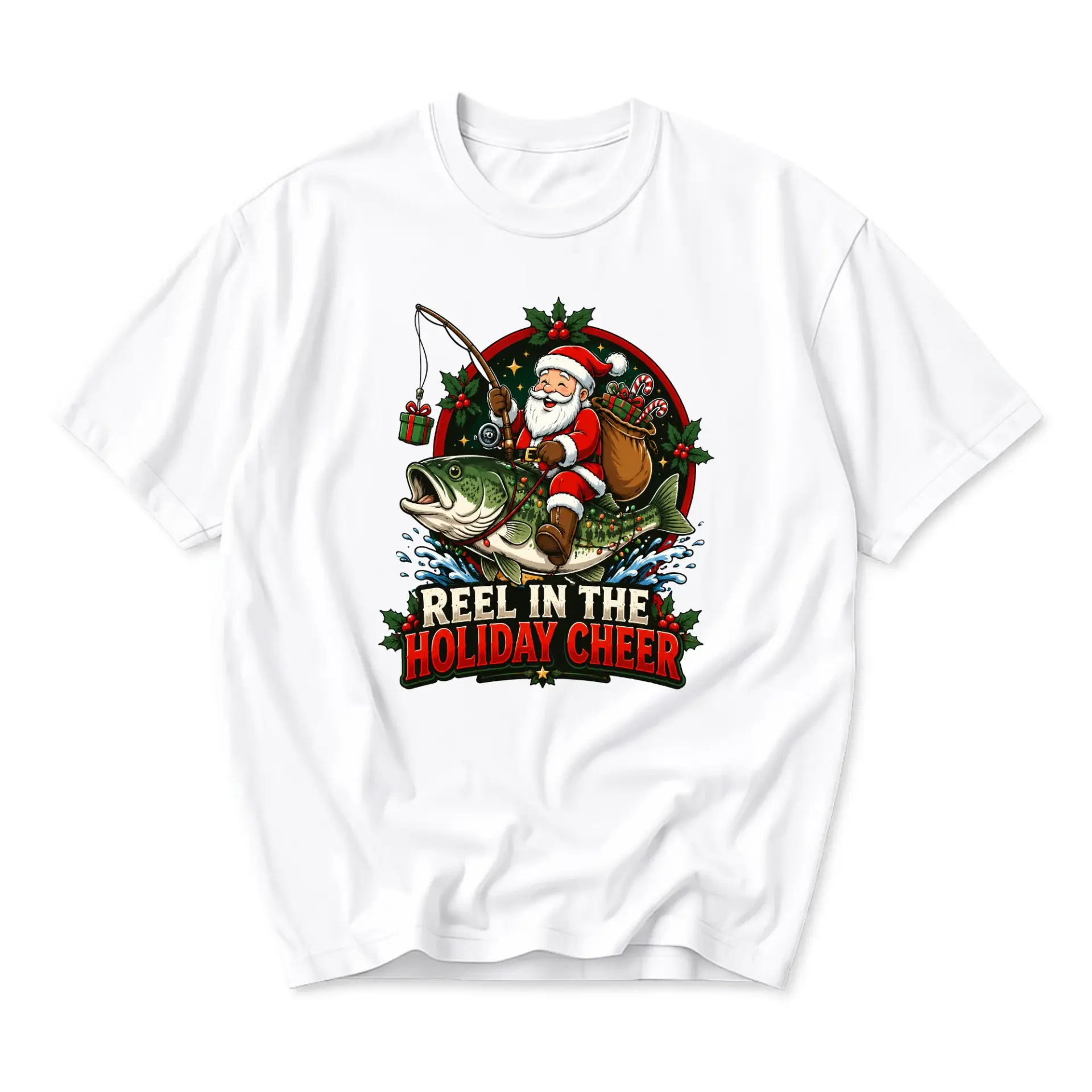 Funny Shirt Reel in the Holiday Cheer Graphic Tee Christmas Fishing Santa