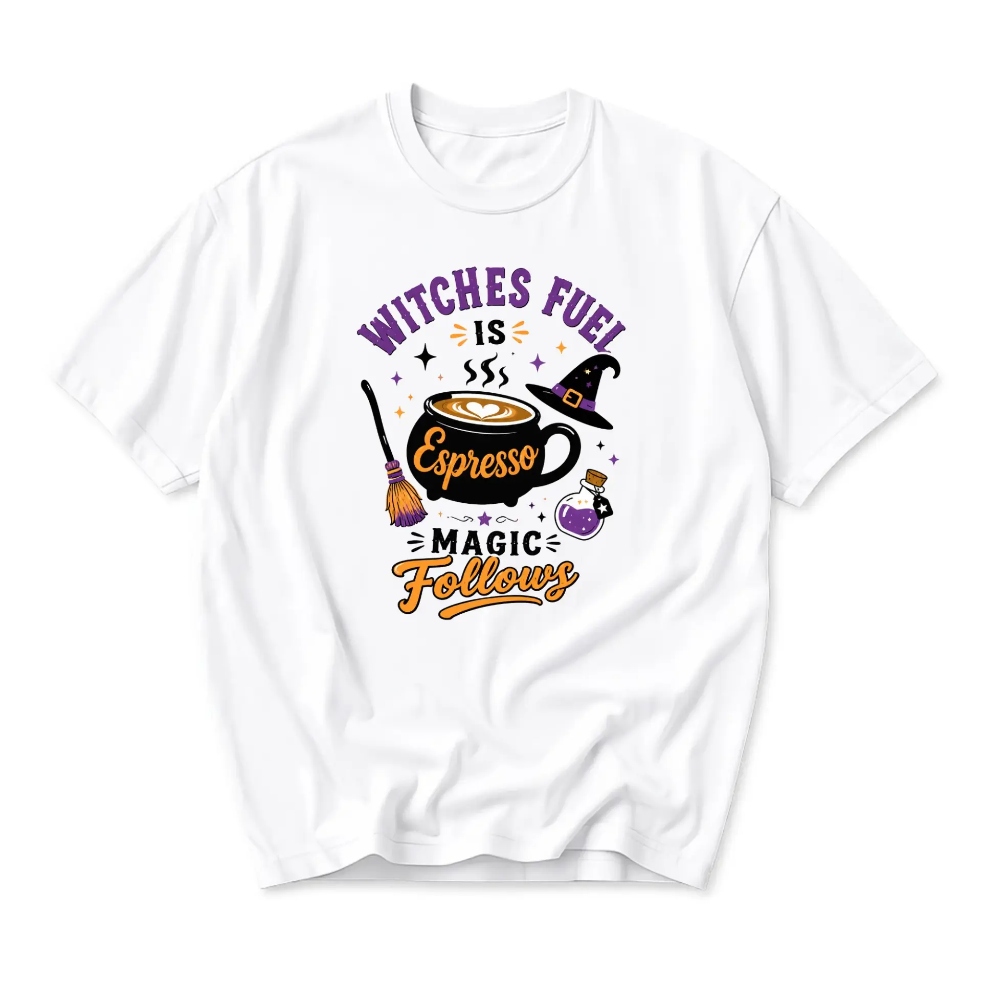 Funny Shirt Witches Fuel Is Espresso Magic Follows Graphic Tee Casual Unisex Crew Neck Short Sleeve Cotton Top