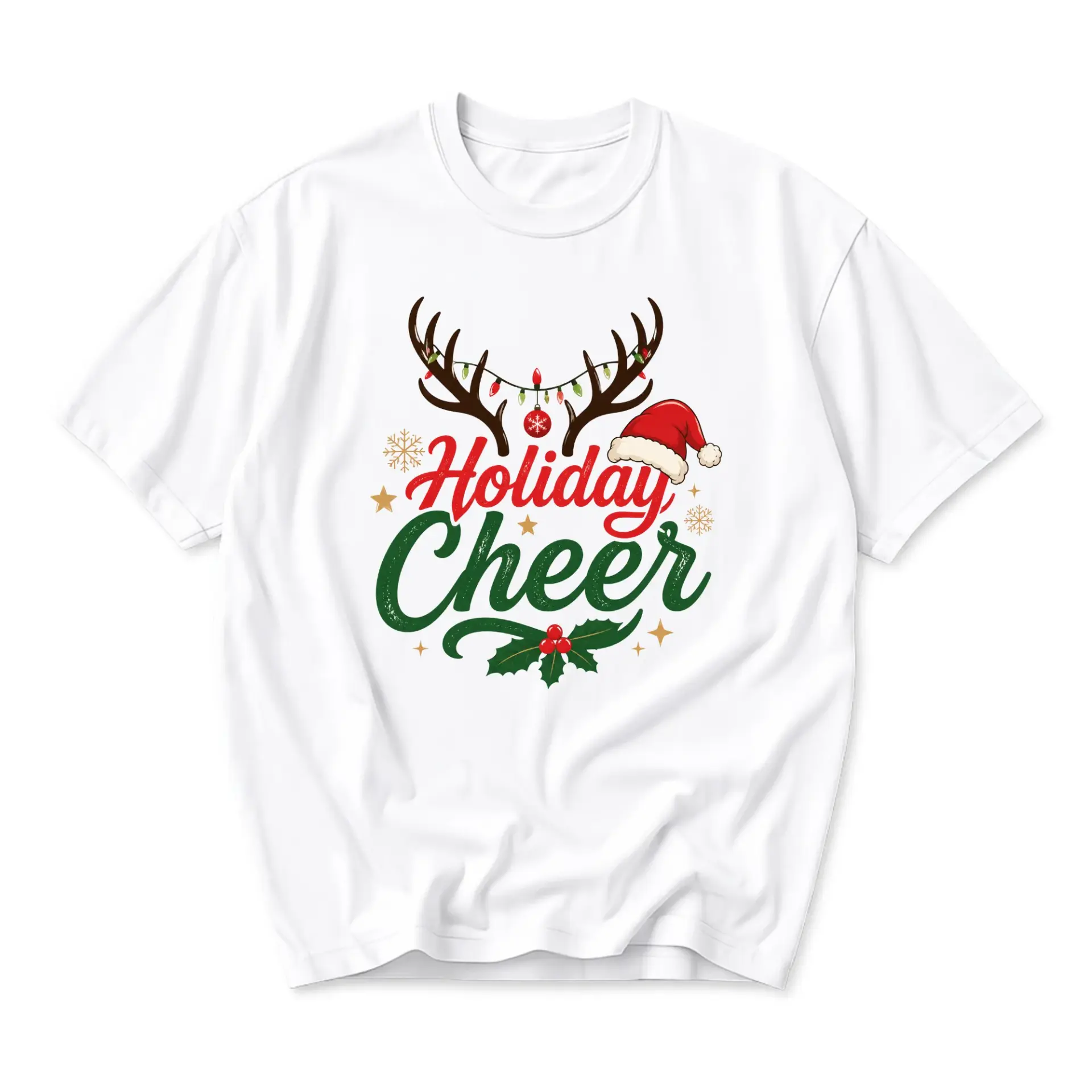 Graphic Tee Holiday Cheer Reindeer Antlers Christmas T-Shirt Unisex Casual Short Sleeve Cotton Blend Crew Neck Top