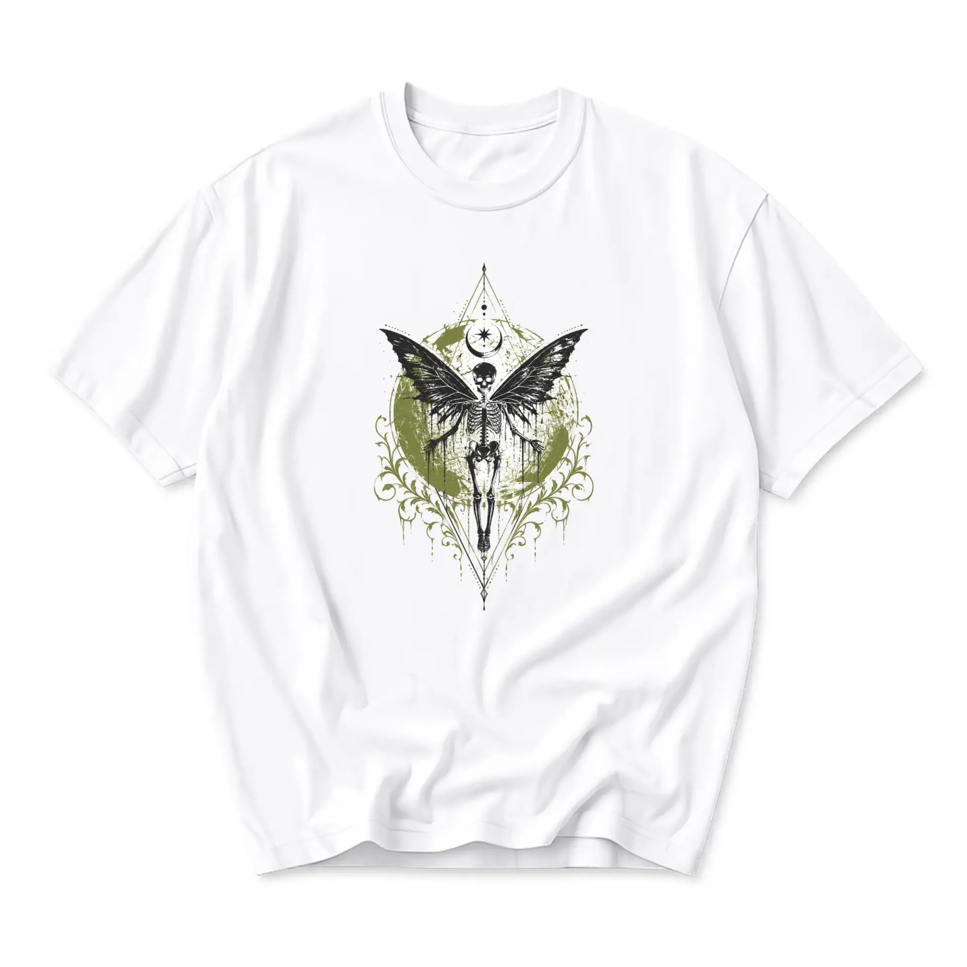 Graphic Tee Unisex Crew Neck T-Shirt Featuring Dark Fantasy Fairy Skeleton Illustration Gothic Art Apparel for Daily Wear