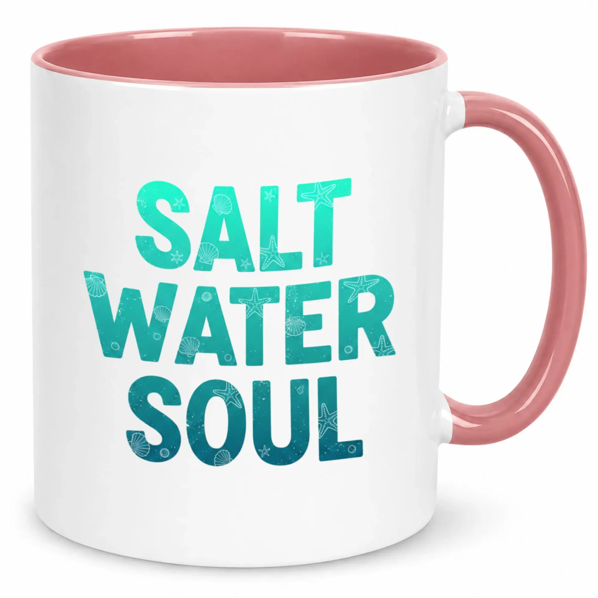 Ceramic Coffee Mug with Salt Water Soul Design, Ocean and Beach Themed Beverage Cup, Two-Tone Pink Handle and Interior, Coastal Sea Life Drinkware Gift Idea