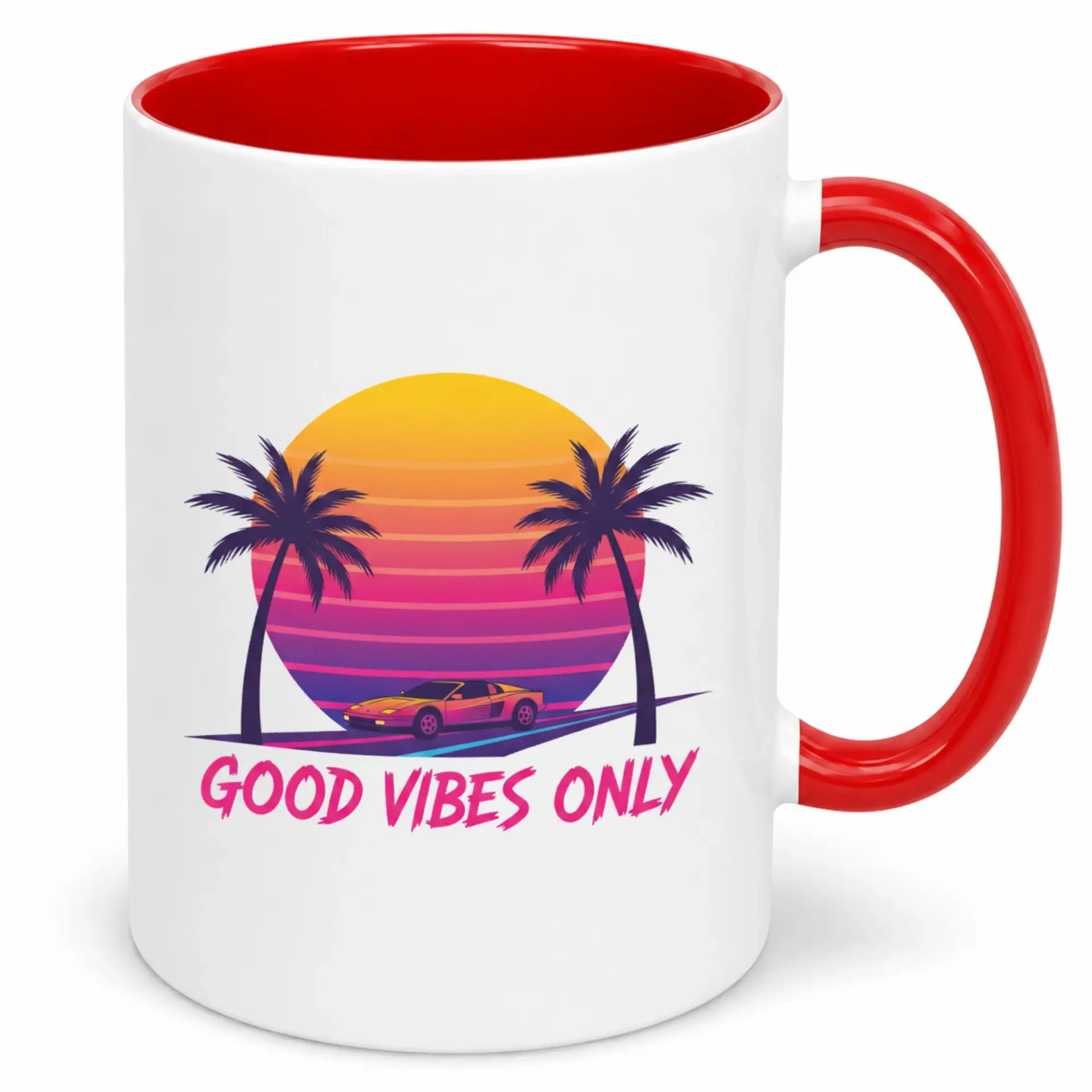 Coffee Mug with Retro 80s Sunset & Palm Trees Design, Good Vibes Only Quote, Unique Ceramic Beverage Cup for Enthusiasts and Positive Thinkers