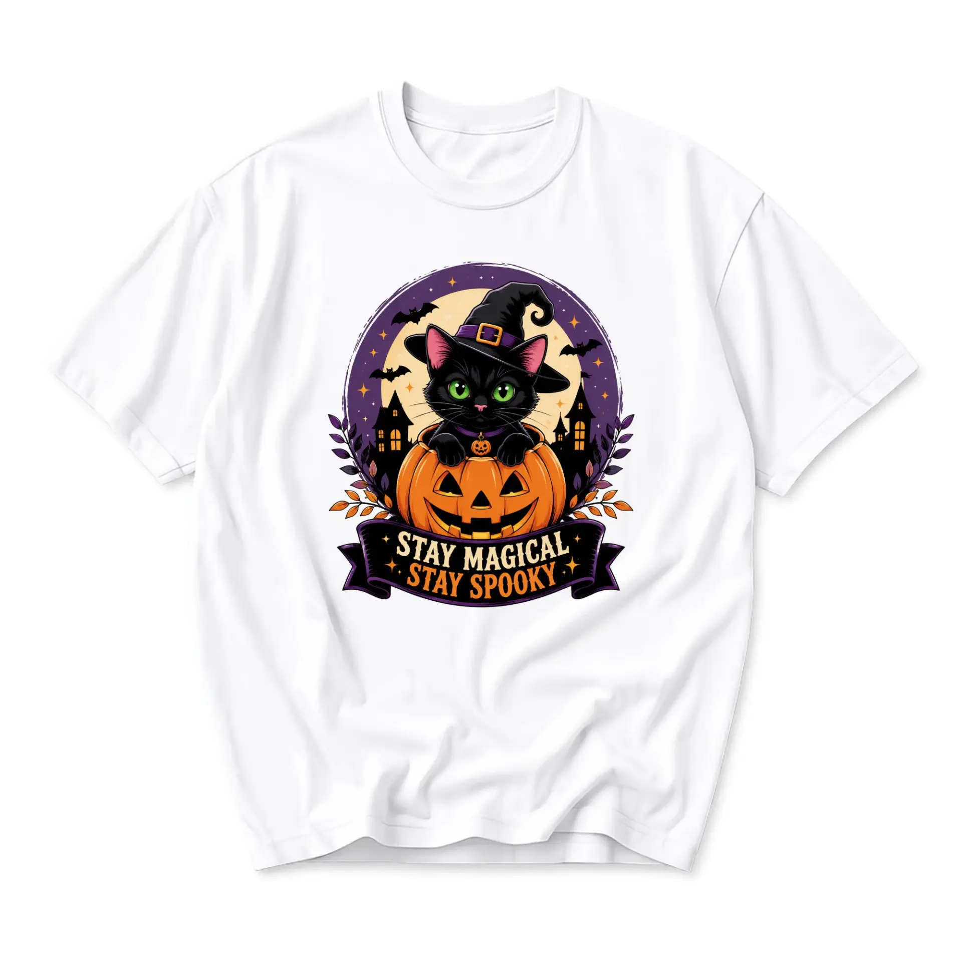 Graphic Tee Stay Magical Stay Spooky Black Cat Witch Pumpkin Design Unisex Crew Neck Everyday Casual Cotton T-Shirt