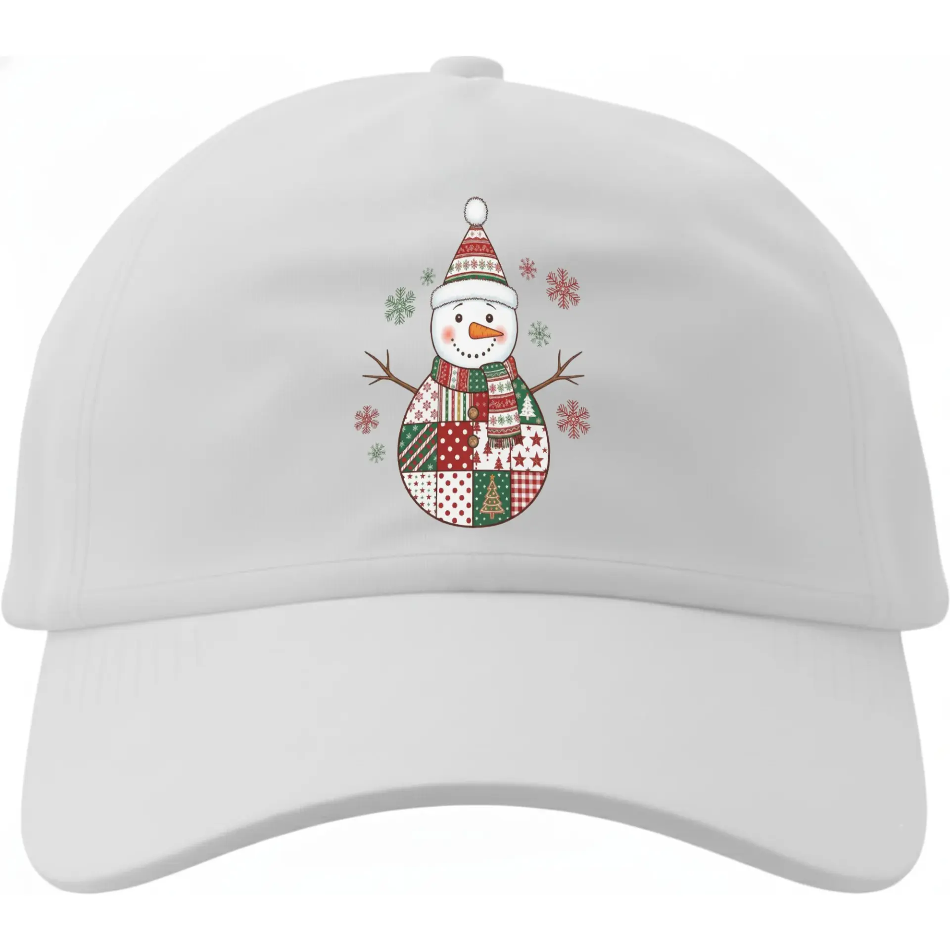 Baseball Cap Festive Patchwork Snowman Graphic Hat White Low Profile Cotton Blend Unisex Holiday Seasonal Accessory