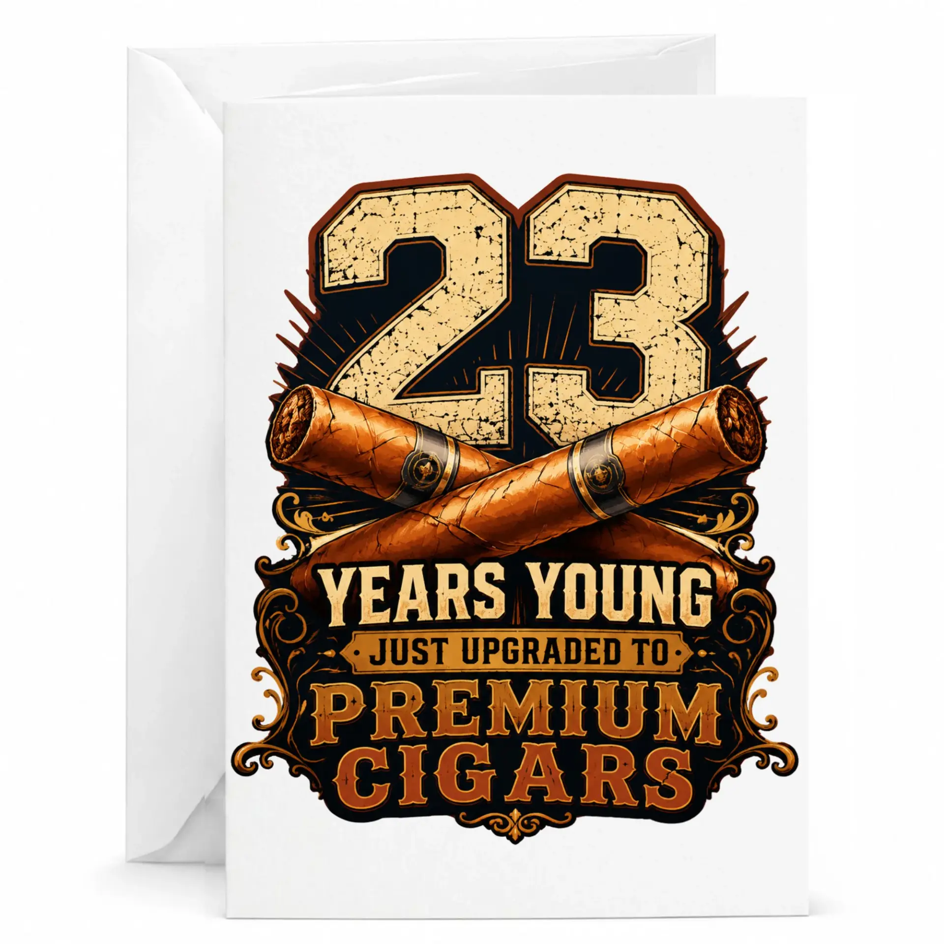 Birthday Card 23 Years Young Premium Cigars Theme Greeting Card for Him Masculine Vintage Style Party Accessory