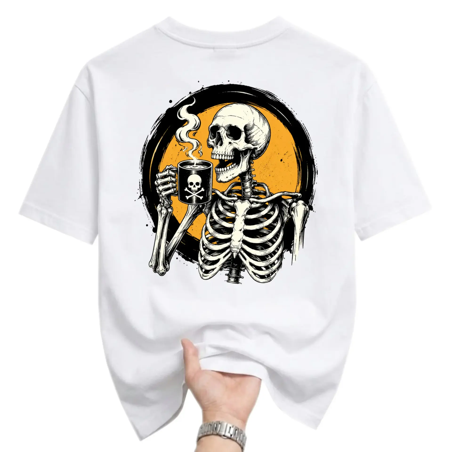 Graphic Tee Unisex Crew Neck T-Shirt Featuring Skeleton Drinking Coffee Design Casual Everyday Apparel for Adults