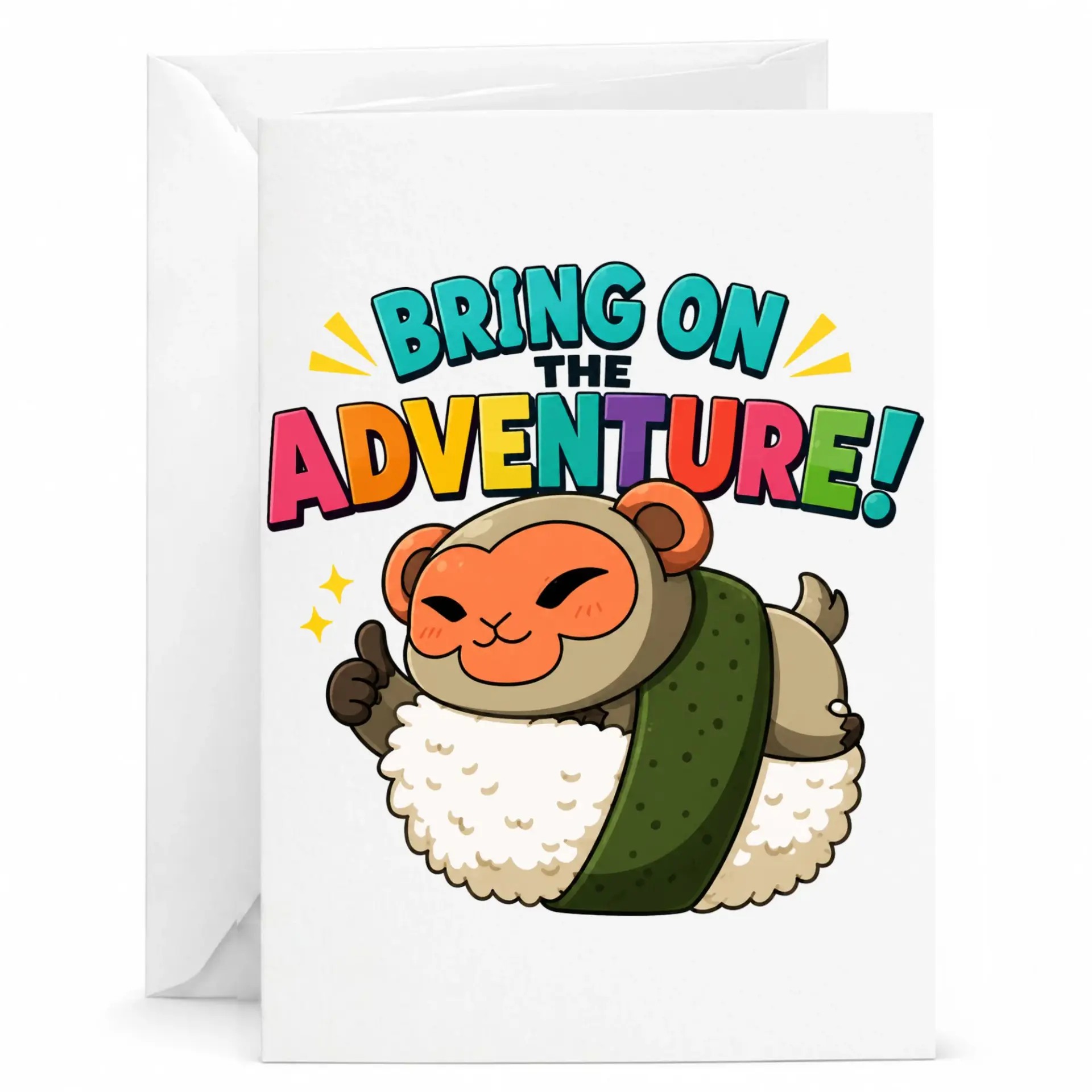 Funny Greeting Card Bring on the Adventure Cute Sushi Monkey Illustration Printed Stationery for Any Occasion