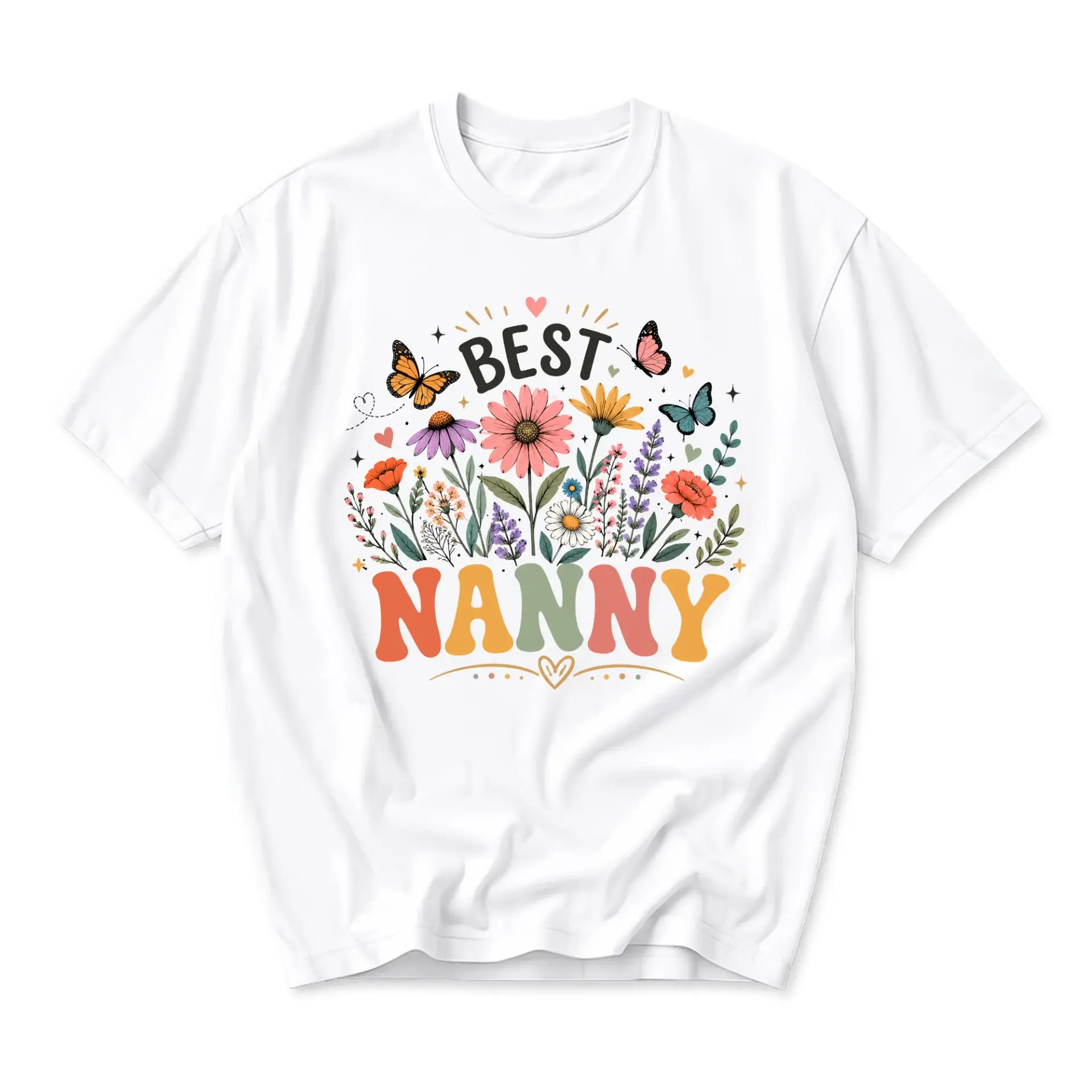 Graphic Tee Best Nanny Floral Butterfly Print Unisex Crew Neck Shirt for Everyday Casual Wear and Thoughtful Gifting