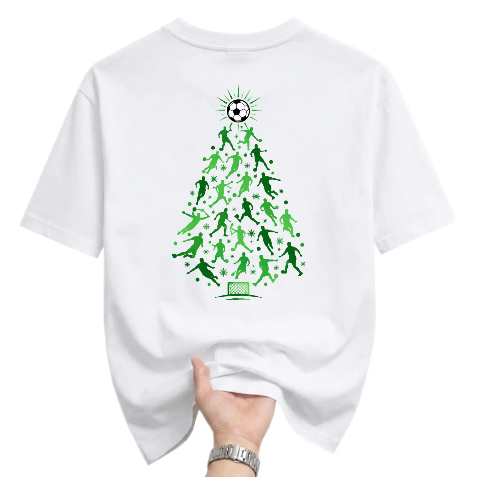 Graphic Tee Soccer Christmas Tree Design Unisex Crew Neck Short Sleeve Shirt for Casual Wear and Holiday Sports Events
