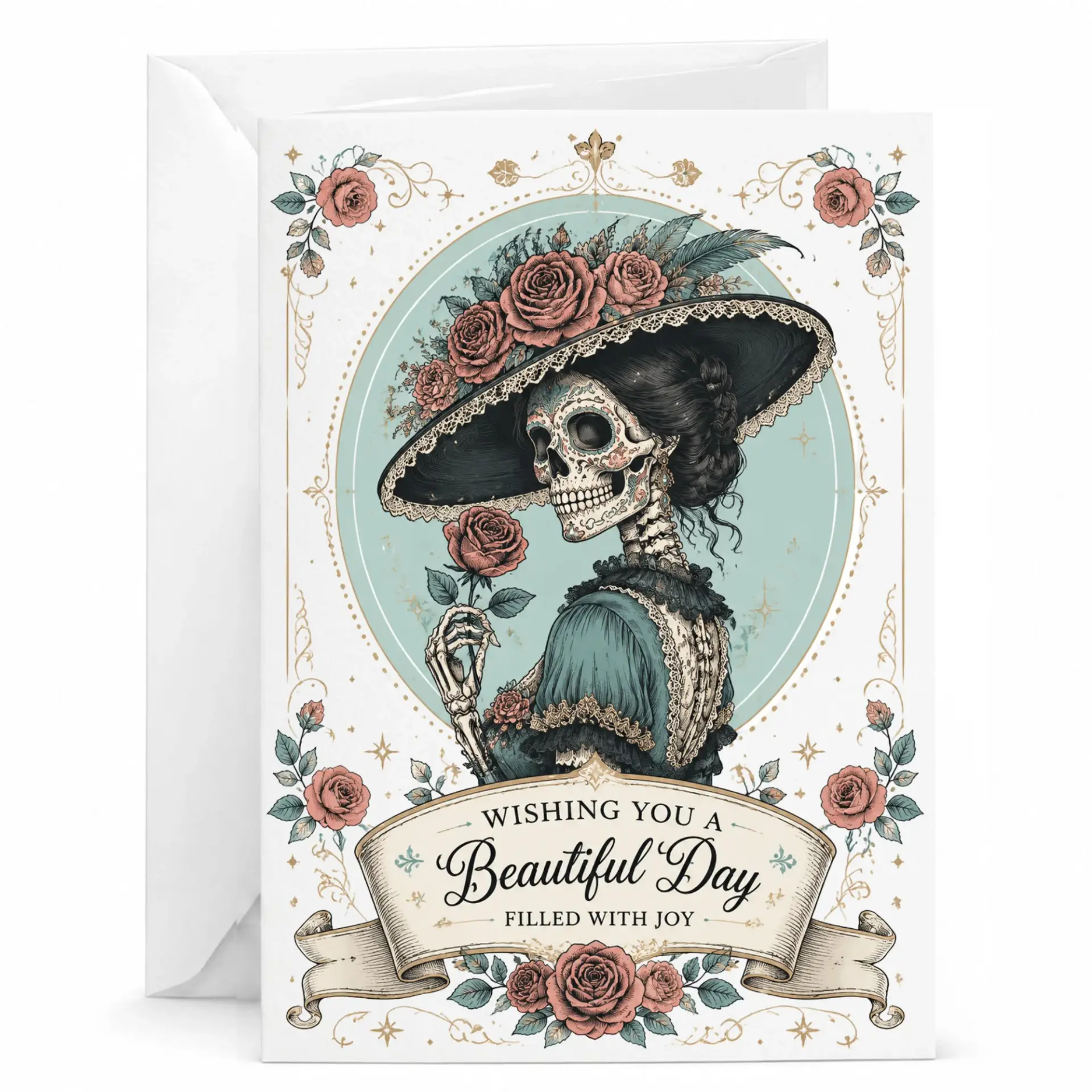 Greeting Card with Victorian Floral Skeleton Illustration Elegant Gothic Art Stationary for Any