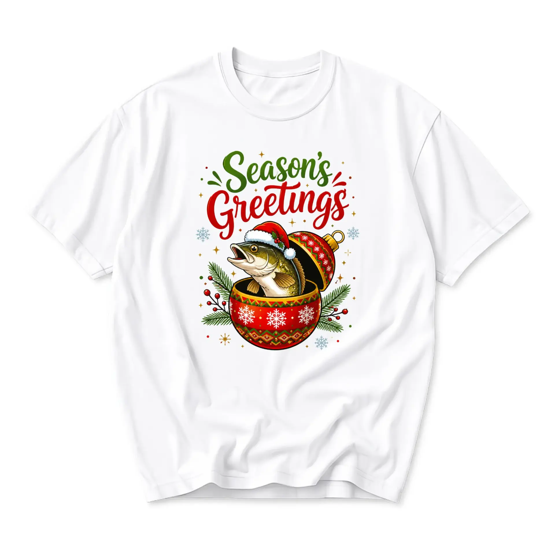 Funny Shirt Season's Greetings Fish Holiday Graphic Tee Unisex Crew Neck Casual Cotton Blend Soft
