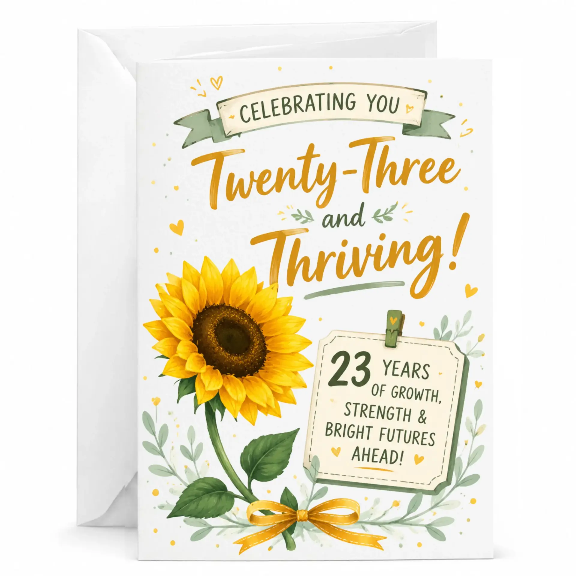 Birthday Card Celebrating Twenty-Three and Thriving with Sunflower Design and Decorative Banner 5x7 Inch Greeting Card