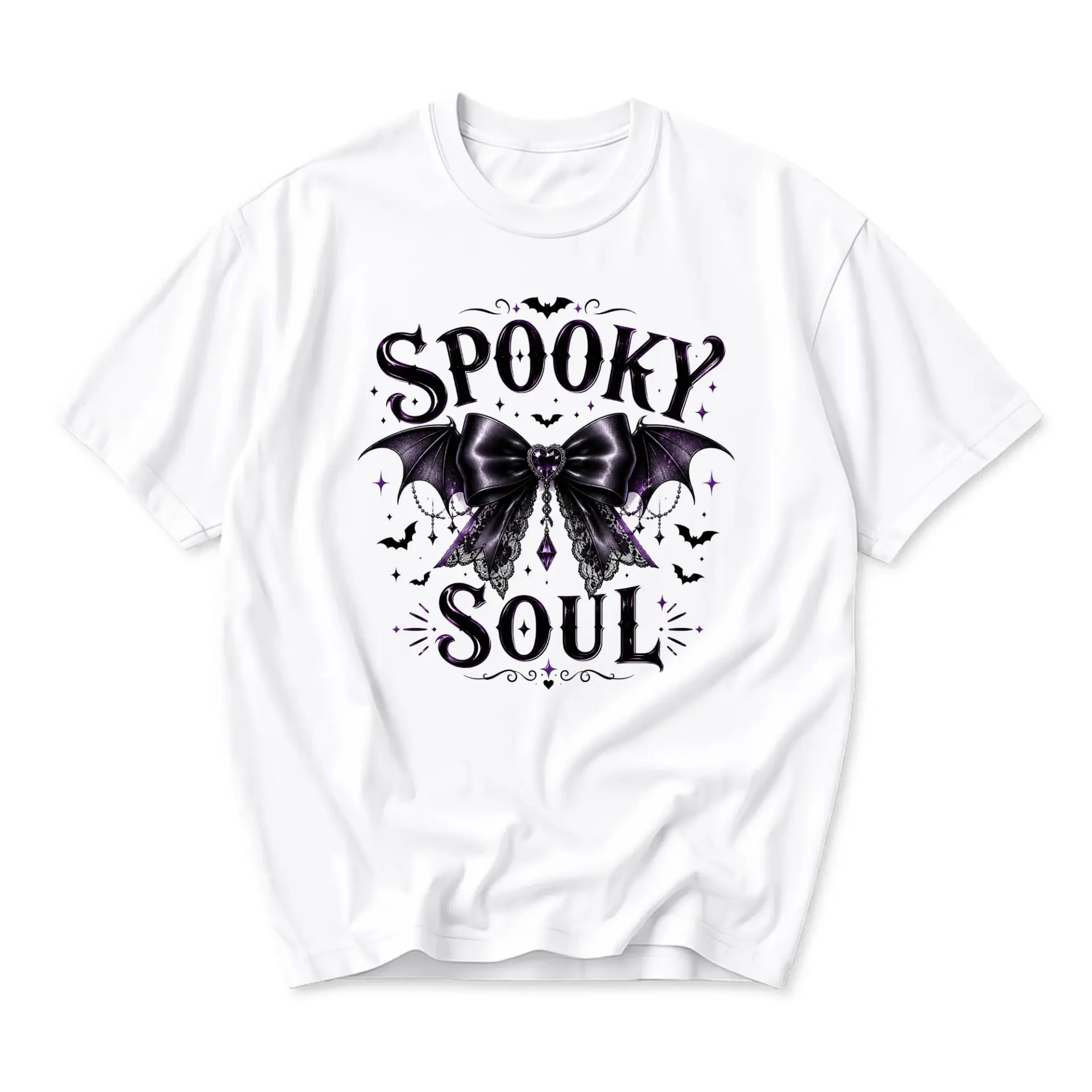 Graphic Tee Spooky Soul Aesthetic Shirt Bat Wing Bow Illustration Gothic Style Unisex Casual Short Sleeve Cotton Top