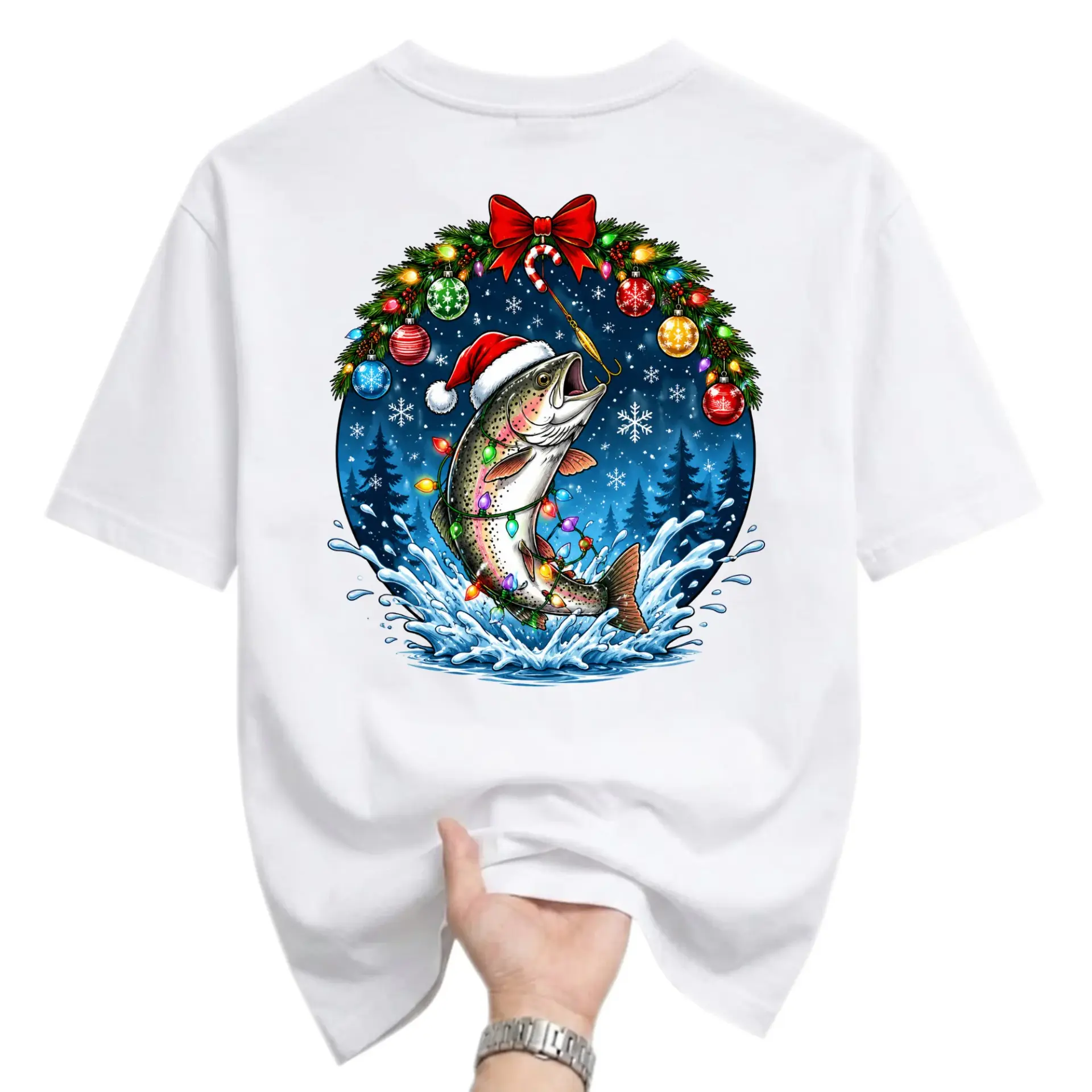 Graphic Tee Unisex Holiday Fishing Shirt Christmas Trout Printed T-Shirt for Casual Everyday Wear