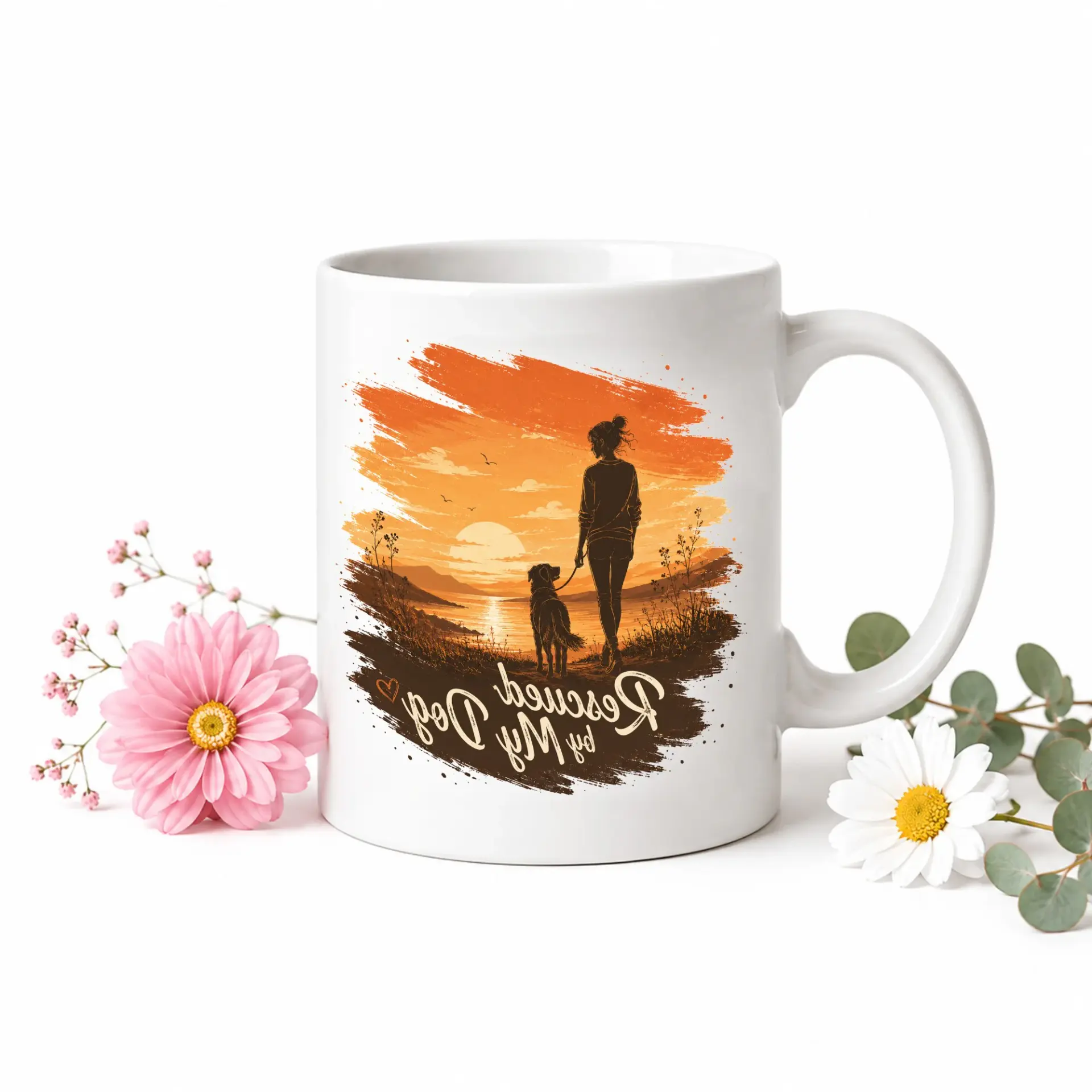 Rescued by My Dog Ceramic Coffee Mug Two Blue Handle for Lovers and Pet Owners Decorative Beverage Drinkware