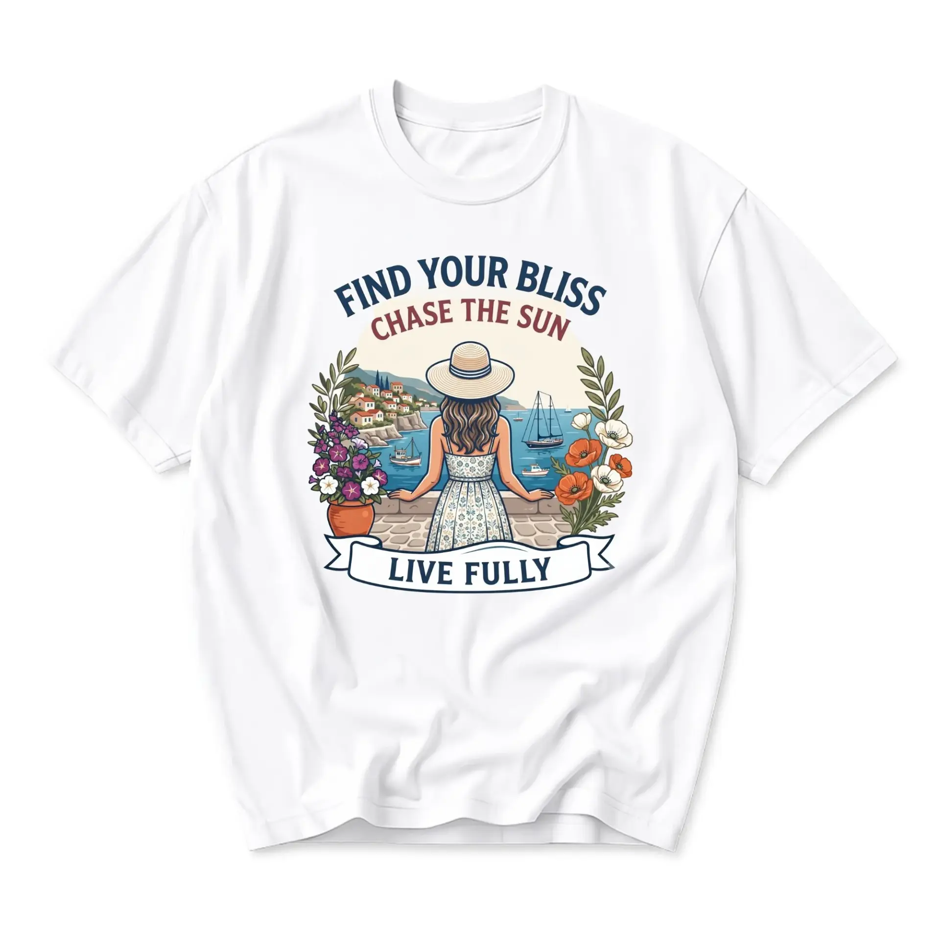 T-shirt Find Your Bliss Chase the Sun Live Fully Inspirational Vacation Graphic Tee Casual Coastal Summer Apparel White