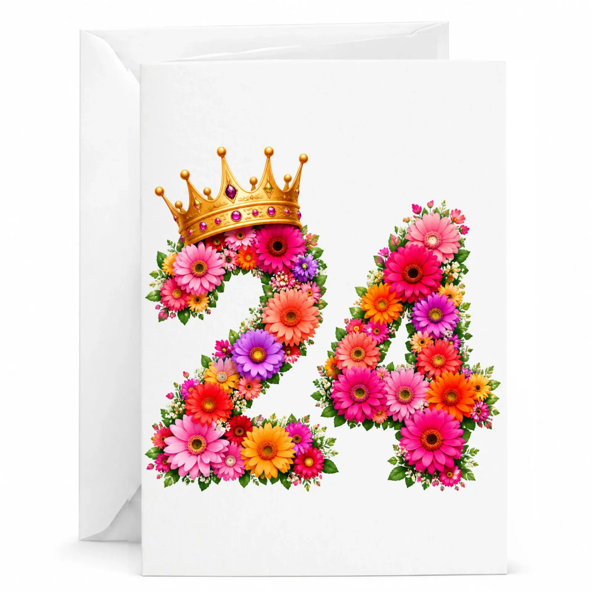 Birthday Card Floral Number 24 Greeting Card with Crown Detail for Twenty Fourth Milestone Celebrations 5x7 Inches