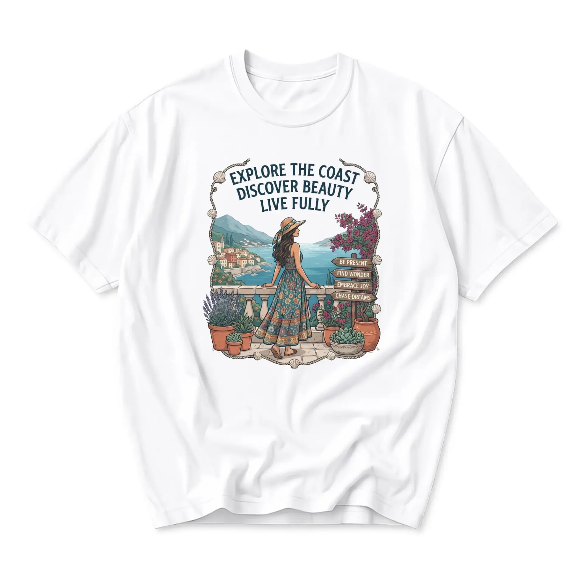 Graphic Tee Explore the Coast Discover Beauty Live Fully Coastal Vacation Travel Art Unisex Crew Neck Cotton T-Shirt