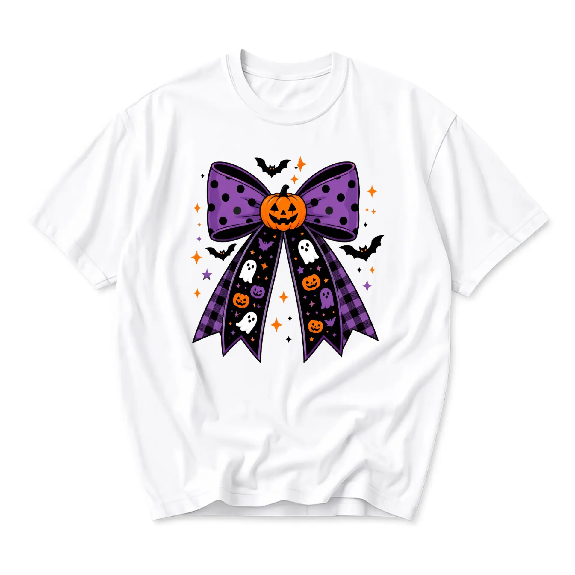 Graphic Tee Halloween Bow Pumpkin Ghost Print Unisex Crew Neck Casual Everyday Short Sleeve Cotton Blend Shirt
