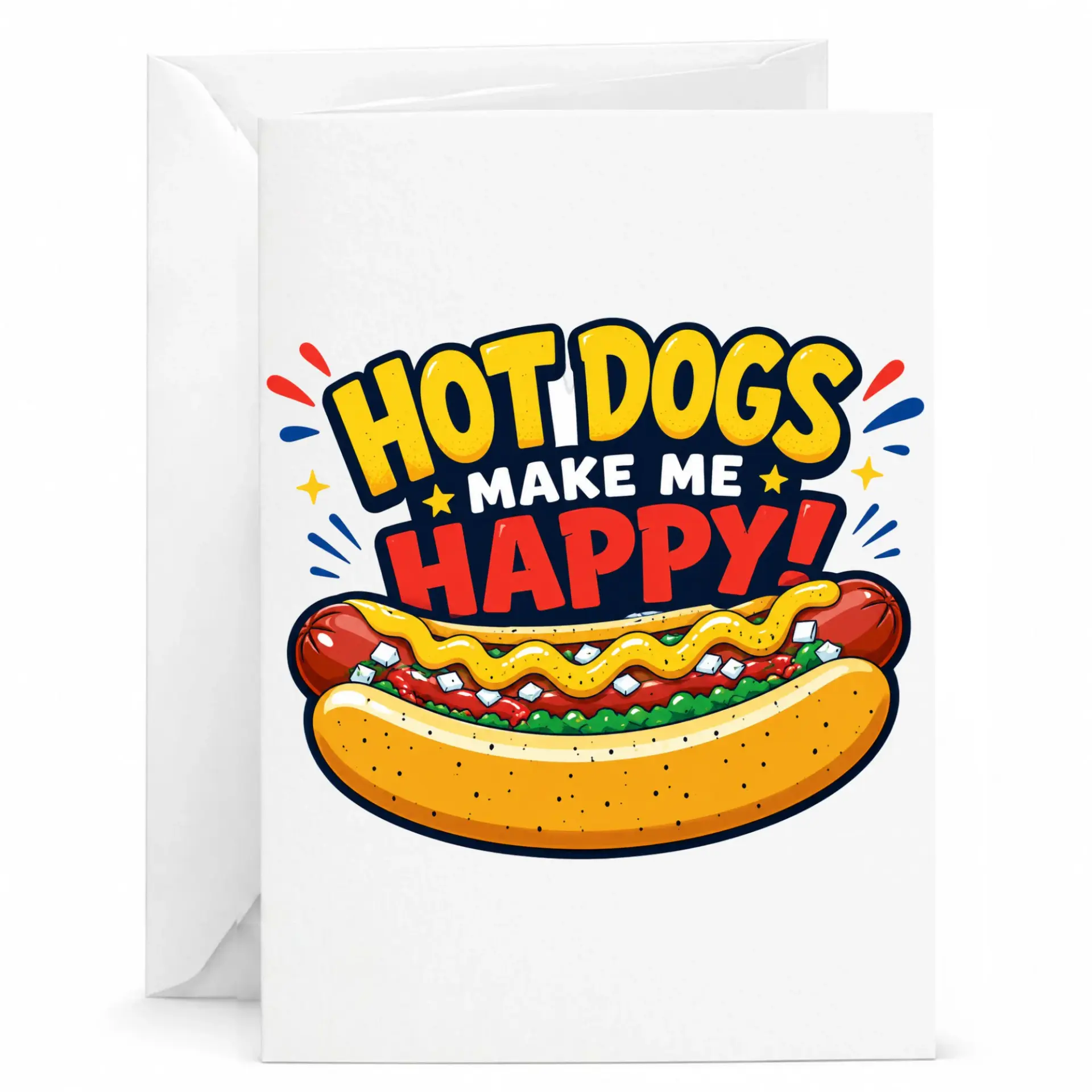 Funny Hot Dogs Make Me Happy Greeting Card for Food Lovers Fun Illustration Note with Matching White Envelope