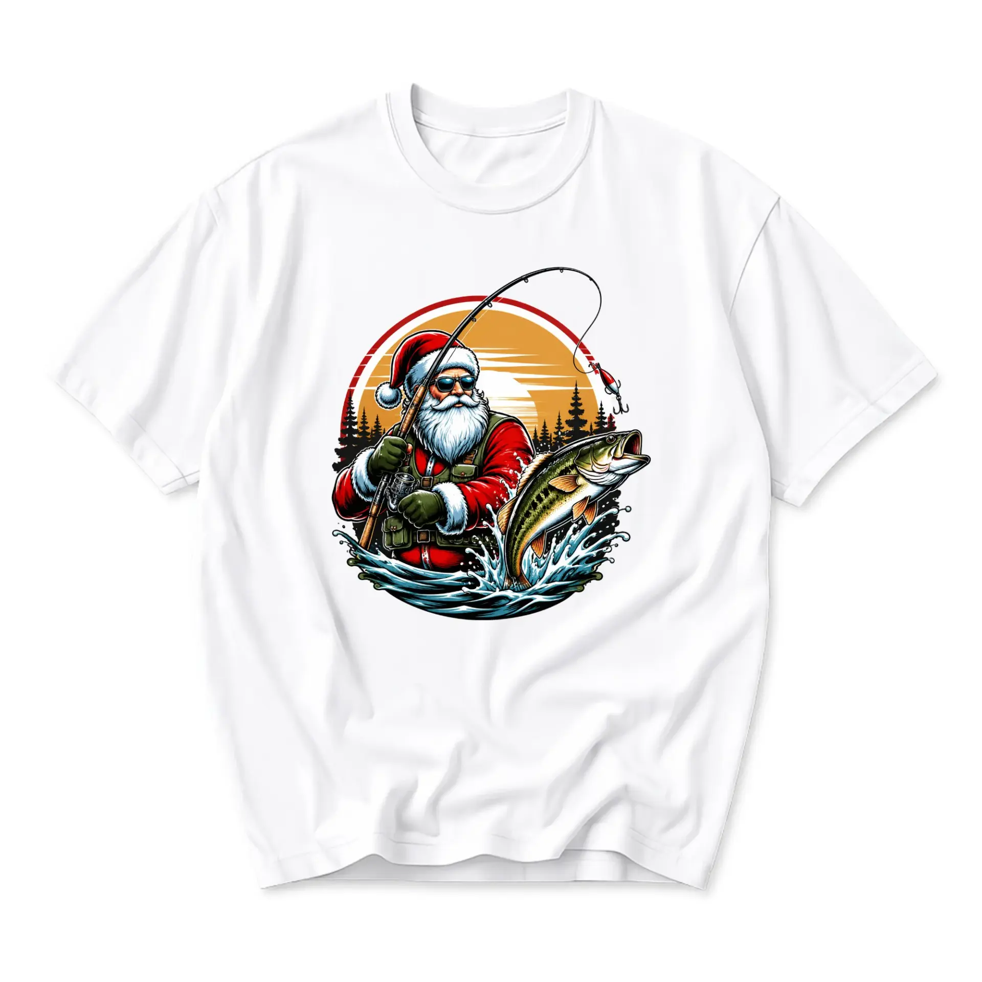 Graphic Tee Unisex Crew Neck T-Shirt Featuring Santa Claus Fishing Design Casual Everyday Summer Cotton Apparel