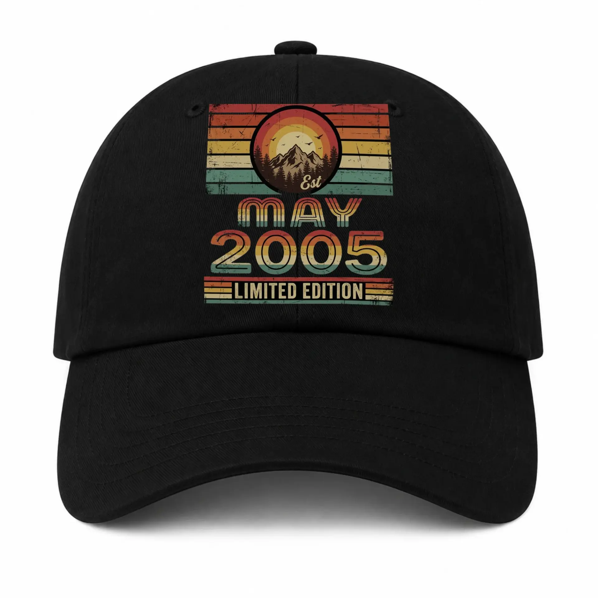 Baseball Cap Featuring Retro Sunset Mountain Design Embroidered Hat