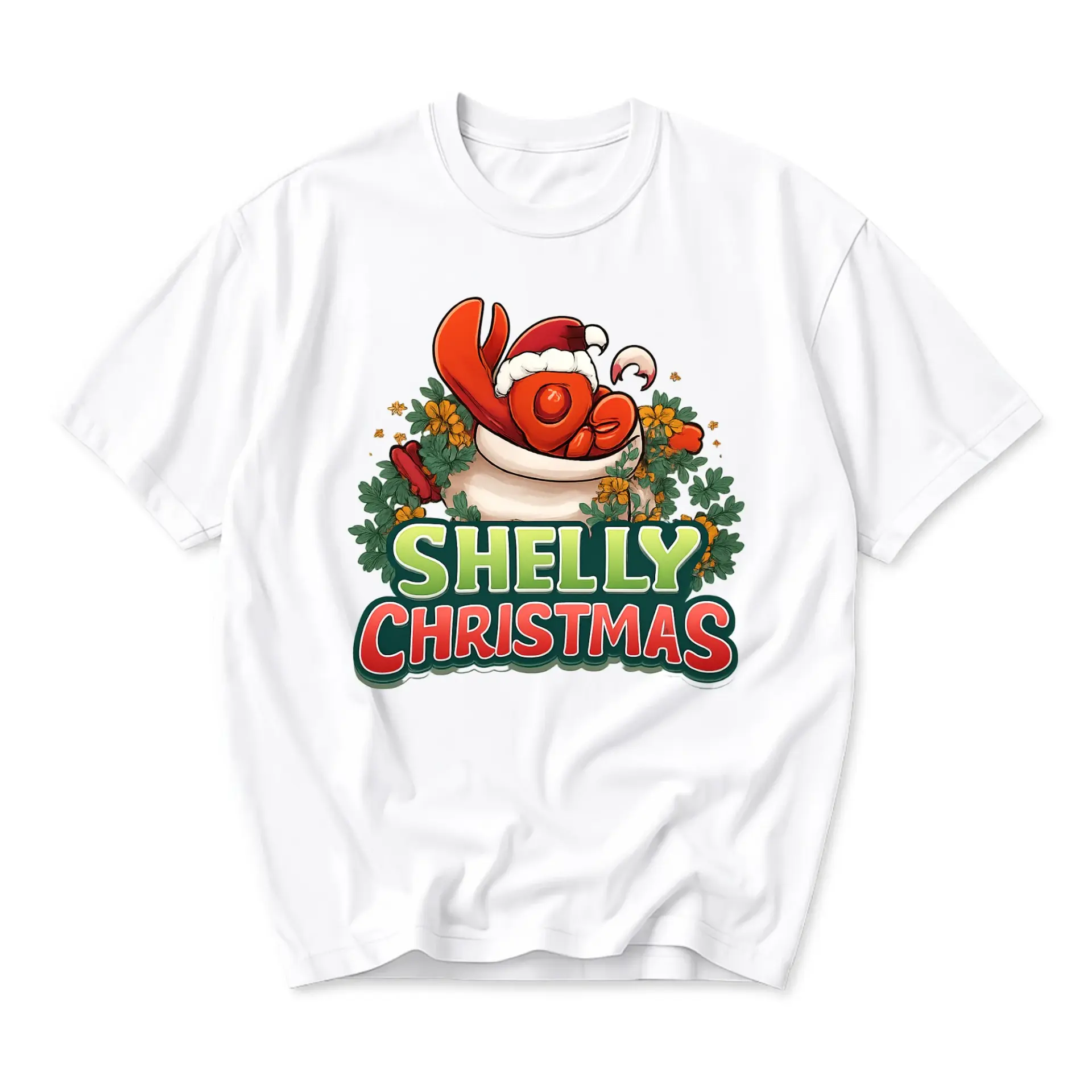 Graphic Tee Shelly Christmas Lobster in Santa Hat Funny Holiday Unisex Crew Neck Casual Everyday Printed T-Shirt