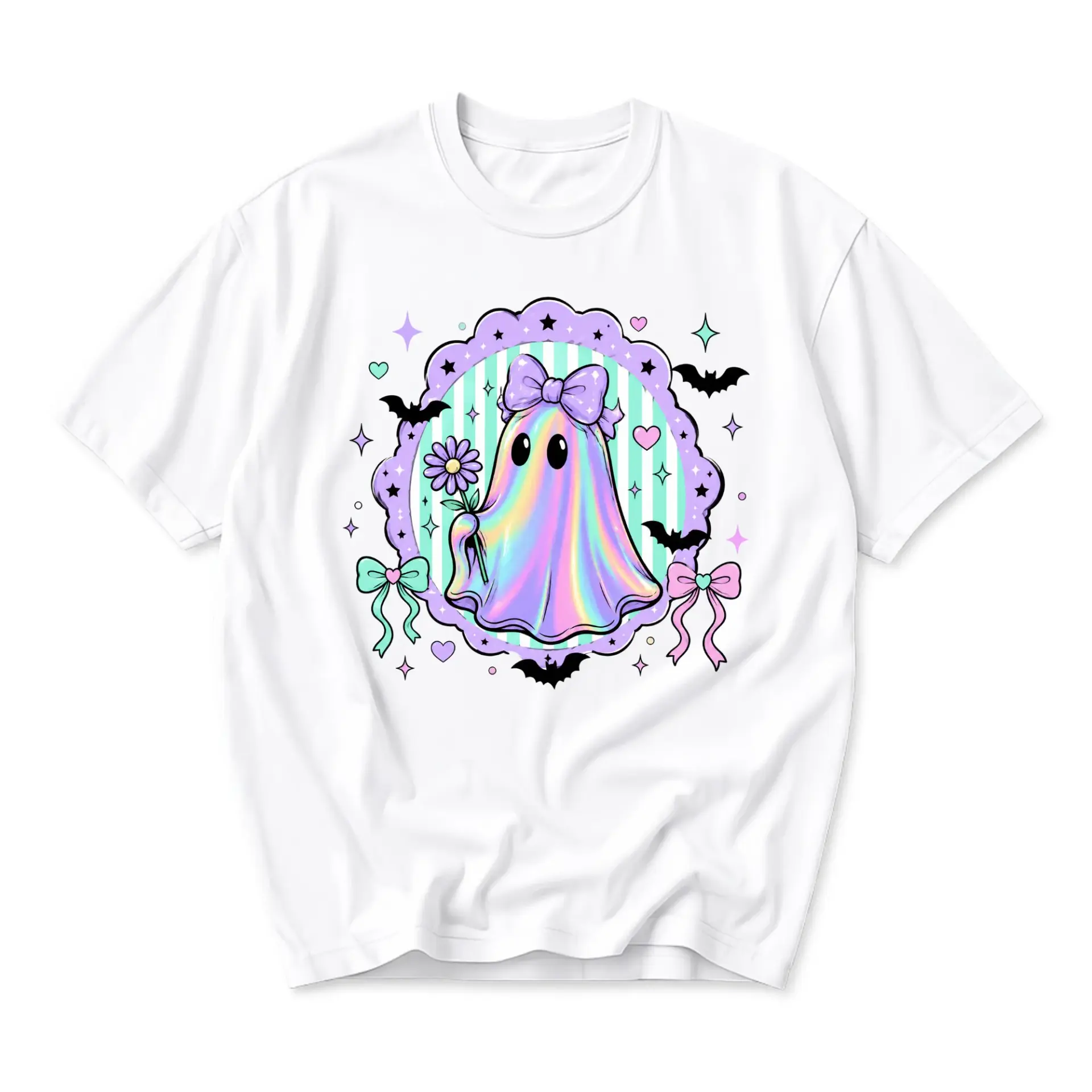 Graphic Tee Cute Pastel Holographic Ghost Holding a Daisy Flower with Bows and Bats Artistic Unisex Casual Crew Neck Top
